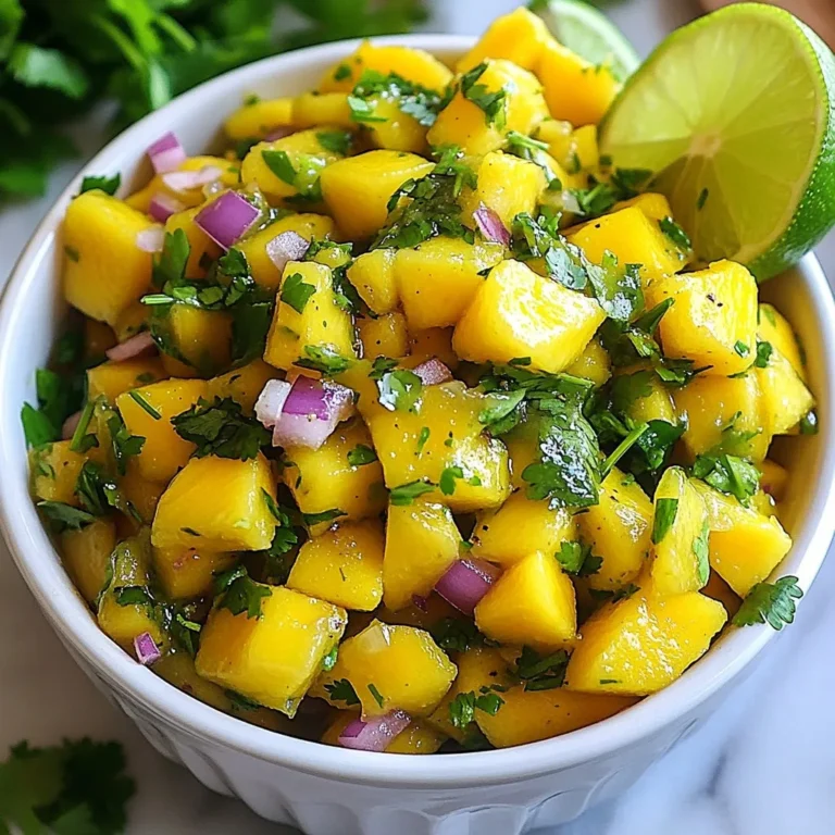 To make a fresh and tasty Mango Cilantro Salsa, you need these simple ingredients: - 2 ripe mangoes, diced into bite-sized pieces - 1 small red onion, finely chopped - 1 jalapeño pepper, minced - 1/4 cup fresh cilantro, finely chopped - Juice of 2 fresh limes - 1 tablespoon olive oil - Salt and pepper, to taste - Optional: 1 small red bell pepper, diced Each ingredient brings its own flavor. The mangoes add sweetness. The onion gives it crunch. The jalapeño adds heat, which you can adjust. Cilantro adds a fresh taste. Lime juice makes it bright. Olive oil adds richness. Salt and pepper balance everything. The red bell pepper can add a nice touch if you want more color. Use ripe mangoes for the best taste. You can find them by checking for a slight give when you squeeze. They should smell sweet, too. Fresh cilantro should look green and vibrant. Gather your ingredients, and get ready to create a salsa that's bursting with flavor! {{ingredient_image_2}} - Start by dicing the ripe mangoes. Use a sharp knife to cut them into bite-sized pieces. Make sure they are soft and sweet. - Next, finely chop the red onion. This will add a nice crunch and a bit of sharpness. Mince the jalapeño pepper. You can remove the seeds for less heat, if you prefer. - If you want more sweetness and color, dice the optional red bell pepper into small pieces. - In a large mixing bowl, combine the diced mangoes, chopped red onion, minced jalapeño, and optional red bell pepper. Stir gently to mix all the ingredients evenly. - Now, add the freshly chopped cilantro to the bowl. This adds a fresh taste and bright green color. - Squeeze the juice of two fresh limes over the mixture. This gives the salsa a zesty flavor. - Drizzle one tablespoon of olive oil over the top of the salsa. Use a spoon or spatula to toss everything together. Make sure all the ingredients get well coated. - Season the salsa with salt and pepper to taste. This step is key for balancing the flavors. - Allow the salsa to sit at room temperature for at least 15 minutes. This resting time helps the flavors meld together, creating a more delicious dish. To make great mango salsa, choose the best mangoes. Look for mangoes that are slightly soft when you press them. They should have a sweet smell at the stem end. The skin color varies by type, from green to yellow to red. Popular varieties include Tommy Atkins and Kent. Each has its own unique flavor and texture, so try a few to find your favorite. If you want a milder salsa, remove the seeds from the jalapeño. This helps cut down on the heat. If jalapeños are too hot for you, consider using a sweet bell pepper instead. You could also try a mild chili, like poblano, for a different flavor with less heat. Mango cilantro salsa is super versatile. It tastes great with tortilla chips for a snack. You can also use it as a topping for grilled chicken or fish. For a fun twist, serve it over tacos or in a salad. Get creative! Garnish your salsa with extra cilantro and lime wedges for added color and freshness. Pro Tips Ripeness Matters: Choose mangoes that are slightly soft to the touch for maximum sweetness and juiciness. A ripe mango will have a sweet aroma at the stem end. Adjust the Heat: If you prefer a milder salsa, remove the seeds and membranes from the jalapeño pepper. For more heat, keep them in or add an extra pepper. Chill for Flavor: For an even more refreshing salsa, chill the mixture in the refrigerator for about 30 minutes before serving to allow the flavors to meld. Versatile Serving Options: This salsa is not only great with chips but also makes an excellent topping for tacos, grilled meats, or even as a salad component. {{image_4}} You can add more fruits to your salsa for fun flavors. Try pineapple or peach for a sweet twist. These fruits blend well with mango. They also add a nice texture. You can chop them into small pieces, just like the mango. Adding vegetables can also enhance your salsa. Cucumber adds a refreshing crunch. Corn can bring a sweet taste and bright color. Just make sure to chop them finely. Both options give your salsa more depth and interest. Herbs can change your salsa's taste. You can swap cilantro for mint or basil. Mint adds a cool twist, while basil gives a sweet note. Try using a mix to find your favorite flavor. Spices can also boost the salsa's flavor. A dash of cumin gives a warm, earthy tone. You can also add minced garlic for a sharp bite. Both options help create a more complex taste. You can turn your mango salsa into a salsa verde. Substitute the mango with tomatoes. This change keeps the base fresh and bright. You can also adjust the lime and cilantro amounts to suit your taste. Use more lime for a zesty kick or more cilantro for herbal notes. This gives you a whole new salsa experience. Mango cilantro salsa stays fresh in the fridge for up to five days. Store it in an airtight container to keep it tasty. A glass jar works great for this salsa. It keeps the flavors intact and makes it easy to see how much you have left. You can freeze mango salsa, but it may change in texture. If you want to freeze it, put it in a freezer-safe container. Leave some space at the top for expansion. When you’re ready to use it, thaw it in the fridge overnight. To enjoy the frozen salsa, give it a good stir before serving. You might want to add a splash of lime juice to freshen it up. Yes, you can make Mango Cilantro Salsa ahead of time. It tastes even better after resting. To do this, prepare the salsa and store it in the fridge. Use an airtight container to keep it fresh. Let the salsa chill for at least an hour before serving. This allows the flavors to blend. However, if you add diced mango, it’s best to add it fresh. This keeps the mango from getting mushy. Mango Cilantro Salsa pairs well with many dishes. Here are some tasty options: - Tortilla chips for a crunchy snack - Grilled chicken for a fresh topping - Fish tacos for added zest - Quesadillas for a flavorful dip - Salads to enhance flavor Try it with grilled shrimp or as a topping for tacos. You can also serve it with rice or in a wrap for a light meal. The heat level in Mango Cilantro Salsa depends on the jalapeño. If you want less heat, remove the seeds and ribs. This will make it milder. If you like it spicy, leave the seeds in or add more jalapeño. You might also try adding diced serrano peppers for extra heat. Adjusting the heat level helps suit your taste. Don't hesitate to experiment! This blog post covered how to make a refreshing mango salsa. You learned about the ingredients, like ripe mangoes and cilantro, and how to prepare them. We also explored tips for choosing the best mangoes and adjusting spice levels. Plus, I shared storage methods for keeping your salsa fresh. Mango salsa enhances many dishes and can add a burst of flavor. Experiment with different fruits and vegetables to find your favorite mix. Enjoy mixing, serving, and savoring your homemade mango salsa!