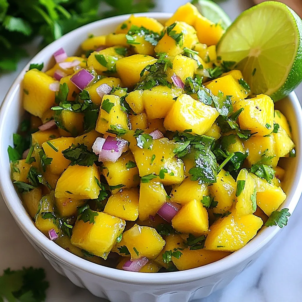 To make a fresh and tasty Mango Cilantro Salsa, you need these simple ingredients: - 2 ripe mangoes, diced into bite-sized pieces - 1 small red onion, finely chopped - 1 jalapeño pepper, minced - 1/4 cup fresh cilantro, finely chopped - Juice of 2 fresh limes - 1 tablespoon olive oil - Salt and pepper, to taste - Optional: 1 small red bell pepper, diced Each ingredient brings its own flavor. The mangoes add sweetness. The onion gives it crunch. The jalapeño adds heat, which you can adjust. Cilantro adds a fresh taste. Lime juice makes it bright. Olive oil adds richness. Salt and pepper balance everything. The red bell pepper can add a nice touch if you want more color. Use ripe mangoes for the best taste. You can find them by checking for a slight give when you squeeze. They should smell sweet, too. Fresh cilantro should look green and vibrant. Gather your ingredients, and get ready to create a salsa that's bursting with flavor! {{ingredient_image_2}} - Start by dicing the ripe mangoes. Use a sharp knife to cut them into bite-sized pieces. Make sure they are soft and sweet. - Next, finely chop the red onion. This will add a nice crunch and a bit of sharpness. Mince the jalapeño pepper. You can remove the seeds for less heat, if you prefer. - If you want more sweetness and color, dice the optional red bell pepper into small pieces. - In a large mixing bowl, combine the diced mangoes, chopped red onion, minced jalapeño, and optional red bell pepper. Stir gently to mix all the ingredients evenly. - Now, add the freshly chopped cilantro to the bowl. This adds a fresh taste and bright green color. - Squeeze the juice of two fresh limes over the mixture. This gives the salsa a zesty flavor. - Drizzle one tablespoon of olive oil over the top of the salsa. Use a spoon or spatula to toss everything together. Make sure all the ingredients get well coated. - Season the salsa with salt and pepper to taste. This step is key for balancing the flavors. - Allow the salsa to sit at room temperature for at least 15 minutes. This resting time helps the flavors meld together, creating a more delicious dish. To make great mango salsa, choose the best mangoes. Look for mangoes that are slightly soft when you press them. They should have a sweet smell at the stem end. The skin color varies by type, from green to yellow to red. Popular varieties include Tommy Atkins and Kent. Each has its own unique flavor and texture, so try a few to find your favorite. If you want a milder salsa, remove the seeds from the jalapeño. This helps cut down on the heat. If jalapeños are too hot for you, consider using a sweet bell pepper instead. You could also try a mild chili, like poblano, for a different flavor with less heat. Mango cilantro salsa is super versatile. It tastes great with tortilla chips for a snack. You can also use it as a topping for grilled chicken or fish. For a fun twist, serve it over tacos or in a salad. Get creative! Garnish your salsa with extra cilantro and lime wedges for added color and freshness. Pro Tips Ripeness Matters: Choose mangoes that are slightly soft to the touch for maximum sweetness and juiciness. A ripe mango will have a sweet aroma at the stem end. Adjust the Heat: If you prefer a milder salsa, remove the seeds and membranes from the jalapeño pepper. For more heat, keep them in or add an extra pepper. Chill for Flavor: For an even more refreshing salsa, chill the mixture in the refrigerator for about 30 minutes before serving to allow the flavors to meld. Versatile Serving Options: This salsa is not only great with chips but also makes an excellent topping for tacos, grilled meats, or even as a salad component. {{image_4}} You can add more fruits to your salsa for fun flavors. Try pineapple or peach for a sweet twist. These fruits blend well with mango. They also add a nice texture. You can chop them into small pieces, just like the mango. Adding vegetables can also enhance your salsa. Cucumber adds a refreshing crunch. Corn can bring a sweet taste and bright color. Just make sure to chop them finely. Both options give your salsa more depth and interest. Herbs can change your salsa's taste. You can swap cilantro for mint or basil. Mint adds a cool twist, while basil gives a sweet note. Try using a mix to find your favorite flavor. Spices can also boost the salsa's flavor. A dash of cumin gives a warm, earthy tone. You can also add minced garlic for a sharp bite. Both options help create a more complex taste. You can turn your mango salsa into a salsa verde. Substitute the mango with tomatoes. This change keeps the base fresh and bright. You can also adjust the lime and cilantro amounts to suit your taste. Use more lime for a zesty kick or more cilantro for herbal notes. This gives you a whole new salsa experience. Mango cilantro salsa stays fresh in the fridge for up to five days. Store it in an airtight container to keep it tasty. A glass jar works great for this salsa. It keeps the flavors intact and makes it easy to see how much you have left. You can freeze mango salsa, but it may change in texture. If you want to freeze it, put it in a freezer-safe container. Leave some space at the top for expansion. When you’re ready to use it, thaw it in the fridge overnight. To enjoy the frozen salsa, give it a good stir before serving. You might want to add a splash of lime juice to freshen it up. Yes, you can make Mango Cilantro Salsa ahead of time. It tastes even better after resting. To do this, prepare the salsa and store it in the fridge. Use an airtight container to keep it fresh. Let the salsa chill for at least an hour before serving. This allows the flavors to blend. However, if you add diced mango, it’s best to add it fresh. This keeps the mango from getting mushy. Mango Cilantro Salsa pairs well with many dishes. Here are some tasty options: - Tortilla chips for a crunchy snack - Grilled chicken for a fresh topping - Fish tacos for added zest - Quesadillas for a flavorful dip - Salads to enhance flavor Try it with grilled shrimp or as a topping for tacos. You can also serve it with rice or in a wrap for a light meal. The heat level in Mango Cilantro Salsa depends on the jalapeño. If you want less heat, remove the seeds and ribs. This will make it milder. If you like it spicy, leave the seeds in or add more jalapeño. You might also try adding diced serrano peppers for extra heat. Adjusting the heat level helps suit your taste. Don't hesitate to experiment! This blog post covered how to make a refreshing mango salsa. You learned about the ingredients, like ripe mangoes and cilantro, and how to prepare them. We also explored tips for choosing the best mangoes and adjusting spice levels. Plus, I shared storage methods for keeping your salsa fresh. Mango salsa enhances many dishes and can add a burst of flavor. Experiment with different fruits and vegetables to find your favorite mix. Enjoy mixing, serving, and savoring your homemade mango salsa!
