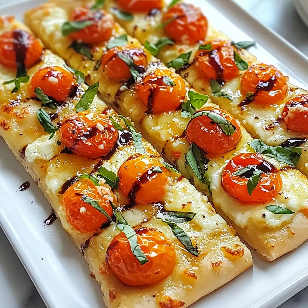 To make a delicious roasted tomato basil flatbread, you need these key items: - 1 large flatbread (store-bought or homemade) - 2 cups cherry tomatoes, halved - 1 tablespoon extra virgin olive oil - Sea salt and freshly cracked black pepper, to taste - 1 cup fresh basil leaves, chopped (plus extra for garnish) - 1 cup mozzarella cheese, shredded - 2 tablespoons balsamic glaze - 1 teaspoon garlic powder - 1/2 teaspoon red pepper flakes (optional for heat) These ingredients work together to create a burst of flavor that you will love. Using fresh ingredients makes a big difference. Choose ripe cherry tomatoes for their sweetness. Use high-quality extra virgin olive oil for rich taste. Fresh basil adds brightness to your flatbread. For the cheese, select a good mozzarella. Shredded cheese melts beautifully and gives a nice stretch. Invest in quality balsamic glaze; it enhances the dish's flavor. Feel free to get creative! Here are some ideas: - Add cooked chicken or tofu for protein. - Sprinkle feta or goat cheese for a tangy twist. - Include sliced olives or sun-dried tomatoes for extra texture. - Try different herbs like thyme or oregano for variety. These optional ingredients let you personalize your flatbread to your taste! {{ingredient_image_2}} First, set your oven to 400°F (200°C). This heat will roast the tomatoes just right. While the oven heats, gather your ingredients. You will need: - 1 large flatbread - 2 cups cherry tomatoes, halved - 1 tablespoon extra virgin olive oil - Sea salt and black pepper - 1 cup fresh basil leaves, chopped - 1 cup mozzarella cheese, shredded - 2 tablespoons balsamic glaze - 1 teaspoon garlic powder - 1/2 teaspoon red pepper flakes (optional) Make sure to wash the basil leaves well. They add a fresh taste to the flatbread. Now, let’s roast the tomatoes. Grab a baking sheet and line it with parchment paper. This makes cleaning easier. Spread the halved cherry tomatoes in a single layer. Drizzle them with olive oil. Sprinkle sea salt, black pepper, garlic powder, and red pepper flakes if you want some heat. Gently toss the tomatoes to coat them in the seasoning. Roast them for 15-20 minutes. They should become blistered and caramelized. The smell will be amazing! While the tomatoes roast, prepare your flatbread. Place it on a baking sheet or pizza stone. Once the tomatoes are ready, take them out and spread them over the flatbread. Next, add the shredded mozzarella cheese evenly on top. Then, scatter the chopped basil leaves. This adds color and flavor. Put the flatbread back in the oven. Bake it for another 10-15 minutes. The cheese should melt and bubble. The edges of the flatbread will become golden and crispy. When you take it out, drizzle balsamic glaze over the top. This adds a sweet touch. Garnish with extra basil leaves for a fresh look. Let it cool for a minute, then slice it up. Enjoy your delicious roasted tomato basil flatbread! To get a crispy flatbread, use a hot oven. Preheat to 400°F (200°C). A hot oven helps the edges crisp up. Bake your flatbread on a pizza stone or a metal pan. These surfaces transfer heat well. For extra crunch, brush the flatbread lightly with olive oil before adding toppings. This step helps it stay crispy. Also, avoid loading it with too many wet toppings. Too much moisture can make it soggy. You can swap some ingredients if you need to. For the flatbread, use pita bread or naan. These options work well and add a nice flavor. If you do not have fresh basil, try using dried herbs like oregano or thyme. For mozzarella, any cheese that melts well will work. Provolone or fontina are great choices. If you want heat, replace red pepper flakes with sliced jalapeños for a spicy kick. To boost flavor, add more herbs and spices. Fresh herbs make a big difference. Besides basil, try adding parsley or chives. Spices can also elevate the taste. A pinch of smoked paprika adds depth. Or, try Italian seasoning for a classic touch. Balsamic glaze is sweet and tangy. You can make it even better by adding a bit of lemon zest. This adds a fresh twist to your flatbread. Pro Tips Use Fresh Ingredients: Fresh basil and ripe cherry tomatoes will enhance the flavor of your flatbread, making it more vibrant and tasty. Experiment with Cheese: While mozzarella is classic, try mixing in other cheeses like goat cheese or feta for a unique flavor twist. Make it Spicy: If you enjoy heat, increase the amount of red pepper flakes or add a drizzle of spicy olive oil before serving. Store Leftovers Properly: If you have leftovers, store them in an airtight container in the refrigerator and reheat in the oven for best results. {{image_4}} Using different cheeses can change your flatbread's taste. While mozzarella is classic, you can explore other options. Try provolone for a sharper flavor. Feta adds a nice salty touch. Goat cheese brings creaminess and tang. Blend cheeses for a richer taste. Parmesan will give a nutty finish. Each cheese adds unique joy to your roasted tomato flatbread. Adding protein makes your flatbread heartier. Grilled chicken is a great choice. Simply slice cooked chicken and layer it on top. For a plant-based option, try marinated tofu. Press and cube the tofu, then sauté it until golden. You can also use chickpeas for added crunch. Each protein option helps make this dish a full meal. Get creative with flavors for a fun twist. Try adding pesto instead of tomato sauce for a fresh taste. You can also use sun-dried tomatoes for a stronger flavor. For spice lovers, add jalapeños or a drizzle of sriracha. If you enjoy sweetness, thinly slice peaches or figs. These twists make your flatbread stand out and delight your taste buds. To keep your roasted tomato basil flatbread fresh, let it cool down first. Once it’s cool, wrap it tightly in plastic wrap or aluminum foil. This helps keep moisture in and prevents it from getting hard. You can also place it in an airtight container. Store the flatbread in the fridge for up to three days. If you don’t plan to eat it soon, freezing is a great option. To reheat your flatbread, preheat your oven to 350°F (175°C). Place the flatbread directly on the oven rack or on a baking sheet. Heat it for about 10 minutes. This method keeps the flatbread crispy. You can also use a microwave, but it may make the flatbread soft. If you choose the microwave, heat it for only 30 seconds. If you want to freeze your flatbread, slice it first. This makes it easy to grab a single piece later. Wrap each slice in plastic wrap, then place them in a freezer bag. You can store it in the freezer for up to three months. When you’re ready to eat, simply reheat from frozen. This way, you always have a tasty meal ready to go! You can use any flatbread for this recipe. I prefer a large, thin one. Store-bought flatbreads save time. Homemade flatbreads add a personal touch. Look for ones that are soft and flexible. This helps hold the toppings well. To avoid soggy flatbread, roast the tomatoes first. This reduces moisture. Use parchment paper on the baking sheet for easy cleanup. Also, don't overload the flatbread with toppings. Spread them evenly, and give it space to breathe. Bake it at a high temperature to get a crispy edge. Yes, you can make this recipe vegan. Simply skip the mozzarella cheese. You can use vegan cheese instead. Nutritional yeast also adds a cheesy flavor. For a nice touch, add more herbs for depth. Enjoy your vegan roasted tomato basil flatbread! Roasted Tomato Basil Flatbread is simple and fun to make. We covered key ingredients, step-by-step instructions, and helpful tips. You can customize it to fit your taste. Use different cheeses or proteins to change the flavor. Remember to store leftovers right for best taste. This recipe is great for sharing with friends or family. Enjoy your delicious creation and don't be afraid to explore new ideas. Cooking should be fun and flexible!