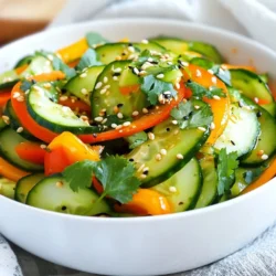 The star of this salad is the cucumber. I use three medium cucumbers, sliced thin. This keeps them crisp and refreshing. Next, I add a medium carrot, julienned for a nice crunch. I also include one red bell pepper, sliced thinly for color and sweetness. Three green onions, chopped finely, bring a mild onion flavor to the mix. Finally, a quarter cup of toasted sesame seeds adds a delightful crunch and nutty taste. For the dressing, I start with a quarter cup of rice vinegar. It gives the salad a tangy kick. Then, I use two tablespoons of soy sauce or tamari for a gluten-free option. One tablespoon of sesame oil adds richness. I sweeten it with one tablespoon of honey or maple syrup, depending on your taste. I also grate one teaspoon of fresh ginger for warmth. If you like heat, add half a teaspoon of crushed red pepper flakes. For presentation, I recommend fresh cilantro sprigs as a garnish. They add a pop of color and a fresh taste. You can also sprinkle more toasted sesame seeds on top. This extra touch makes the salad look even more inviting. {{ingredient_image_2}} Start with three medium cucumbers. Thinly slice them and place them in a colander. Sprinkle a generous pinch of salt over the cucumbers. Let them sit for about 15 minutes. This step helps pull out excess moisture, making the cucumbers crisp. After 15 minutes, rinse them under cold water. Pat them dry with paper towels to remove extra salt and moisture. This process ensures every bite stays crunchy. Grab a small mixing bowl. In it, whisk together the following ingredients: - 1/4 cup rice vinegar - 2 tablespoons soy sauce (or tamari for gluten-free) - 1 tablespoon sesame oil - 1 tablespoon honey or maple syrup - 1 teaspoon freshly grated ginger - 1/2 teaspoon crushed red pepper flakes (optional for heat) Taste the dressing and adjust it. If you want more sweetness, add a little honey. If it needs salt, add extra soy sauce. Find the balance that works for you. In a large mixing bowl, add the now-drained cucumbers. Then, add one julienned carrot, one thinly sliced red bell pepper, and three finely chopped green onions. Mix gently with a spatula to blend. Next, drizzle your prepared dressing over the mixed veggies. Use two spoons or tongs to toss the salad. Make sure all the vegetables get well-coated in the dressing. Finally, sprinkle 1/4 cup of toasted sesame seeds over the salad. Toss lightly once more. This keeps the seeds crunchy while ensuring even distribution. To adjust the sweetness and saltiness of the salad, taste the dressing first. If it&rsquo;s too sour, add a bit more honey or maple syrup. If it lacks salt, a small splash of soy sauce can help. You want a nice balance. Consider using fresh lime juice for a zesty kick. When serving, use a bright bowl that shows off the colors. Add an extra sprinkle of sesame seeds on top. This adds crunch and makes it look pretty. Garnish with fresh cilantro sprigs for a pop of green. Serve it chilled for the best flavor. One common mistake is skipping the salting step for cucumbers. This step draws out moisture, making them crisp. Another mistake is adding too much dressing at once. Always toss gently and add dressing little by little. This way, each piece gets coated without drowning in sauce. Pro Tips Salt the Cucumbers: Sprinkling salt on the cucumbers before rinsing them draws out excess moisture, enhancing their crispness and preventing the salad from becoming soggy. Customize the Dressing: Feel free to adjust the sweetness or saltiness of the dressing based on your personal preference. A little more honey or soy sauce can make a big difference! Experiment with Veggies: Add other vegetables like radishes, snap peas, or even edamame for more color and texture to your salad. Chill for Flavor: Allow the salad to chill in the refrigerator for 30 minutes before serving. This resting time allows the flavors to meld together beautifully. {{image_4}} You can add proteins to make this salad heartier. Grilled chicken is a great choice. Simply slice cooked chicken and mix it in. For a plant-based option, try cubed tofu. Use firm tofu and pan-fry it until golden. Both options boost nutrition and flavor. If you want a gluten-free salad, swap soy sauce for tamari. Tamari has a similar taste without gluten. For sweetness, you can use maple syrup instead of honey. Both options work well in the dressing. Adjust the amounts to fit your taste. Seasonal veggies add fun twists to your salad. In spring, include radishes for a peppery bite. Summer is perfect for adding ripe tomatoes. In fall, think about adding shredded cabbage for crunch. During winter, try carrots or even some thinly sliced apples for sweetness. Each season brings new flavor ideas! To keep your Asian Sesame Cucumber Salad fresh, store it in an airtight container. This helps prevent it from absorbing other smells in the fridge. If you have leftover salad, try to keep the dressing separate. This way, the cucumbers stay crisp, and flavors remain bright. In the fridge, this salad lasts about 2 to 3 days. After that, the cucumbers can become soggy and lose their crunch. For the best taste, enjoy it within the first day or two. Always check for any signs of spoilage before eating. I do not recommend freezing this salad. Freezing changes the texture of cucumbers, making them mushy. The fresh crunch is what makes this salad great. So, it's best enjoyed fresh. Yes, you can prepare this salad ahead of time. I suggest making it no more than 24 hours before serving. The cucumbers stay crisp if you follow my steps. Just remember to chill it for about 30 minutes before serving. This helps the flavors blend well. Yes, this salad can be gluten-free! Use tamari instead of soy sauce. All other ingredients are naturally gluten-free. Check labels on your products to be sure. This makes it a great option for those avoiding gluten. You can serve this salad with many dishes. It pairs well with grilled chicken, fish, or tofu. It also works great as a side for rice or noodles. The fresh taste of this salad adds a nice contrast to richer meals. In this article, we explored the vibrant ingredients and easy steps to make an Asian Sesame Cucumber Salad. You learned about main ingredients like cucumbers, carrots, and the dressing made from rice vinegar and sesame oil. I shared tips for serving and avoiding common mistakes. You can also make variations by adding proteins or adjusting flavors. Now that you know how to create this fun and fresh salad, enjoy customizing it to your taste!