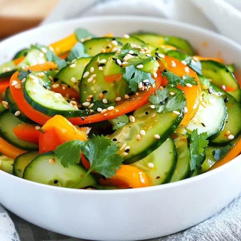 The star of this salad is the cucumber. I use three medium cucumbers, sliced thin. This keeps them crisp and refreshing. Next, I add a medium carrot, julienned for a nice crunch. I also include one red bell pepper, sliced thinly for color and sweetness. Three green onions, chopped finely, bring a mild onion flavor to the mix. Finally, a quarter cup of toasted sesame seeds adds a delightful crunch and nutty taste. For the dressing, I start with a quarter cup of rice vinegar. It gives the salad a tangy kick. Then, I use two tablespoons of soy sauce or tamari for a gluten-free option. One tablespoon of sesame oil adds richness. I sweeten it with one tablespoon of honey or maple syrup, depending on your taste. I also grate one teaspoon of fresh ginger for warmth. If you like heat, add half a teaspoon of crushed red pepper flakes. For presentation, I recommend fresh cilantro sprigs as a garnish. They add a pop of color and a fresh taste. You can also sprinkle more toasted sesame seeds on top. This extra touch makes the salad look even more inviting. {{ingredient_image_2}} Start with three medium cucumbers. Thinly slice them and place them in a colander. Sprinkle a generous pinch of salt over the cucumbers. Let them sit for about 15 minutes. This step helps pull out excess moisture, making the cucumbers crisp. After 15 minutes, rinse them under cold water. Pat them dry with paper towels to remove extra salt and moisture. This process ensures every bite stays crunchy. Grab a small mixing bowl. In it, whisk together the following ingredients: - 1/4 cup rice vinegar - 2 tablespoons soy sauce (or tamari for gluten-free) - 1 tablespoon sesame oil - 1 tablespoon honey or maple syrup - 1 teaspoon freshly grated ginger - 1/2 teaspoon crushed red pepper flakes (optional for heat) Taste the dressing and adjust it. If you want more sweetness, add a little honey. If it needs salt, add extra soy sauce. Find the balance that works for you. In a large mixing bowl, add the now-drained cucumbers. Then, add one julienned carrot, one thinly sliced red bell pepper, and three finely chopped green onions. Mix gently with a spatula to blend. Next, drizzle your prepared dressing over the mixed veggies. Use two spoons or tongs to toss the salad. Make sure all the vegetables get well-coated in the dressing. Finally, sprinkle 1/4 cup of toasted sesame seeds over the salad. Toss lightly once more. This keeps the seeds crunchy while ensuring even distribution. To adjust the sweetness and saltiness of the salad, taste the dressing first. If it’s too sour, add a bit more honey or maple syrup. If it lacks salt, a small splash of soy sauce can help. You want a nice balance. Consider using fresh lime juice for a zesty kick. When serving, use a bright bowl that shows off the colors. Add an extra sprinkle of sesame seeds on top. This adds crunch and makes it look pretty. Garnish with fresh cilantro sprigs for a pop of green. Serve it chilled for the best flavor. One common mistake is skipping the salting step for cucumbers. This step draws out moisture, making them crisp. Another mistake is adding too much dressing at once. Always toss gently and add dressing little by little. This way, each piece gets coated without drowning in sauce. Pro Tips Salt the Cucumbers: Sprinkling salt on the cucumbers before rinsing them draws out excess moisture, enhancing their crispness and preventing the salad from becoming soggy. Customize the Dressing: Feel free to adjust the sweetness or saltiness of the dressing based on your personal preference. A little more honey or soy sauce can make a big difference! Experiment with Veggies: Add other vegetables like radishes, snap peas, or even edamame for more color and texture to your salad. Chill for Flavor: Allow the salad to chill in the refrigerator for 30 minutes before serving. This resting time allows the flavors to meld together beautifully. {{image_4}} You can add proteins to make this salad heartier. Grilled chicken is a great choice. Simply slice cooked chicken and mix it in. For a plant-based option, try cubed tofu. Use firm tofu and pan-fry it until golden. Both options boost nutrition and flavor. If you want a gluten-free salad, swap soy sauce for tamari. Tamari has a similar taste without gluten. For sweetness, you can use maple syrup instead of honey. Both options work well in the dressing. Adjust the amounts to fit your taste. Seasonal veggies add fun twists to your salad. In spring, include radishes for a peppery bite. Summer is perfect for adding ripe tomatoes. In fall, think about adding shredded cabbage for crunch. During winter, try carrots or even some thinly sliced apples for sweetness. Each season brings new flavor ideas! To keep your Asian Sesame Cucumber Salad fresh, store it in an airtight container. This helps prevent it from absorbing other smells in the fridge. If you have leftover salad, try to keep the dressing separate. This way, the cucumbers stay crisp, and flavors remain bright. In the fridge, this salad lasts about 2 to 3 days. After that, the cucumbers can become soggy and lose their crunch. For the best taste, enjoy it within the first day or two. Always check for any signs of spoilage before eating. I do not recommend freezing this salad. Freezing changes the texture of cucumbers, making them mushy. The fresh crunch is what makes this salad great. So, it's best enjoyed fresh. Yes, you can prepare this salad ahead of time. I suggest making it no more than 24 hours before serving. The cucumbers stay crisp if you follow my steps. Just remember to chill it for about 30 minutes before serving. This helps the flavors blend well. Yes, this salad can be gluten-free! Use tamari instead of soy sauce. All other ingredients are naturally gluten-free. Check labels on your products to be sure. This makes it a great option for those avoiding gluten. You can serve this salad with many dishes. It pairs well with grilled chicken, fish, or tofu. It also works great as a side for rice or noodles. The fresh taste of this salad adds a nice contrast to richer meals. In this article, we explored the vibrant ingredients and easy steps to make an Asian Sesame Cucumber Salad. You learned about main ingredients like cucumbers, carrots, and the dressing made from rice vinegar and sesame oil. I shared tips for serving and avoiding common mistakes. You can also make variations by adding proteins or adjusting flavors. Now that you know how to create this fun and fresh salad, enjoy customizing it to your taste!
