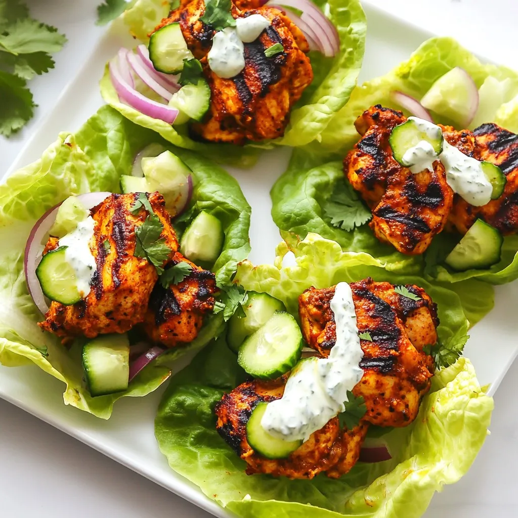 - 2 boneless chicken breasts - 4 tablespoons tandoori spice mix - 1 cup plain yogurt - 1 tablespoon garlic paste - 1 tablespoon ginger paste - 1 tablespoon fresh lemon juice - 1 tablespoon olive oil - 1 teaspoon salt - 1 head of iceberg or butter lettuce - 1 cucumber, diced - 1 small red onion, sliced - 1/2 cup fresh cilantro - 1/2 cup plain yogurt - 1/4 cup fresh mint leaves - A pinch of salt To make the tandoori chicken, gather your main ingredients first. You need fresh chicken breasts and tandoori spice. The yogurt adds creaminess and helps the spice stick. Garlic and ginger paste bring warm flavors. Lemon juice brightens the dish, and olive oil keeps it juicy. Salt enhances all the flavors. Next, fresh ingredients add crunch and color. Lettuce acts as your wrap. Choose iceberg for crispness or butter lettuce for a soft bite. Diced cucumber adds freshness, while red onion gives a sharp taste. Cilantro brings herbal notes. For the mint yogurt sauce, mix yogurt with mint leaves. This sauce cools the heat of the spices. A pinch of salt balances the flavors. These ingredients create a fresh meal with great taste. Enjoy the mix of spicy chicken and fresh veggies in your wraps! {{ingredient_image_2}} - First, gather your marinade ingredients: tandoori spice mix, yogurt, garlic paste, ginger paste, lemon juice, olive oil, and salt. - In a medium bowl, mix all these items well. This mixture will give the chicken its rich flavor. - Next, cut the chicken breasts into bite-sized chunks. This helps the chicken soak up the marinade. - Add the chicken pieces to the marinade. Make sure each piece gets a good coating. - Cover the bowl with plastic wrap. Let the chicken marinate for at least 30 minutes. For the best taste, let it sit in the fridge for up to 2 hours. - While the chicken marinates, preheat your grill or grill pan over medium-high heat. This warms it up for a great char. - Once hot, place the marinated chicken on the grill. Make sure not to crowd the pieces; this helps them cook evenly. - Grill the chicken for about 6-8 minutes. Flip the pieces occasionally. Look for nice char marks and ensure the chicken is fully cooked. - After cooking, take the chicken off the grill. Let it rest on a plate for a few minutes. This helps keep it juicy. - Prepare your lettuce leaves by gently separating them. Choose nice, sturdy ones for the wraps. - Lay a lettuce leaf flat on your plate. Add a few pieces of grilled chicken in the center. - Top with diced cucumber, sliced red onion, and chopped cilantro. These fresh ingredients add a nice crunch. - For a tasty finish, drizzle the mint yogurt sauce over the filling. It adds a cool, refreshing taste. - Serve right away. Let your guests build their own wraps with their favorite toppings! - Use a big bowl to mix the marinade. - Combine tandoori spice mix, yogurt, garlic paste, ginger paste, lemon juice, olive oil, and salt. - Cut chicken into small chunks for fast marination. - Coat each piece well in the marinade. - Let the chicken marinate for at least 30 minutes at room temperature. - For better flavor, marinate in the fridge for up to 2 hours. - Preheat your grill to medium-high heat. - This temperature gives a nice char without burning. - Place marinated chicken pieces on the grill, leaving space between them. - Grill chicken for 6-8 minutes, flipping often. - Check for doneness; chicken should no longer be pink inside. - Let the chicken rest for a few minutes after cooking. - Use fresh lettuce leaves as wraps for a crunchy bite. - Add diced cucumber and sliced red onion for extra crunch. - Sprinkle chopped cilantro on top for a fresh taste. - Drizzle mint yogurt sauce for a cooling effect. - Serve wraps with cold drinks like lemonade or mint tea. - Offer a side of fresh fruit for a colorful plate. Pro Tips Marination Time: For the best flavor, marinate the chicken for at least 2 hours in the refrigerator. This allows the spices to penetrate the meat thoroughly. Grilling Technique: Ensure your grill is preheated before adding the chicken to achieve a nice char. Avoid overcrowding the grill to ensure even cooking. Fresh Ingredients: Use fresh herbs like cilantro and mint for the sauce to enhance the overall flavor of your wraps. Fresh ingredients make a significant difference! Versatile Wrap Options: Feel free to add additional toppings like diced tomatoes, shredded carrots, or avocado to customize your wraps and add more texture. {{image_4}} For a tasty vegetarian twist, you can use tofu or paneer instead of chicken. Tofu absorbs flavors well when marinated. Choose firm tofu for a nice texture. For paneer, cut it into cubes and marinate just like you would with chicken. To marinate these options, follow the same steps. Use the tandoori spice mix and yogurt as the base. Let them sit for at least 30 minutes. This ensures a rich flavor. While the mint yogurt sauce is refreshing, you can switch it up with other sauces. Try a cucumber yogurt sauce for a lighter taste. You can also make a spicy sauce by mixing yogurt with sriracha or hot sauce. This adds a nice kick to your wraps. Creating these sauces is simple. Just combine the ingredients and adjust the heat to your liking. You can use different types of lettuce to make your wraps. Iceberg is crisp and crunchy. Butter lettuce is soft and easy to fold. Both work well with the filling. Feel free to add extra toppings. Sliced avocado adds creaminess, while bell peppers give a sweet crunch. You can mix and match to find your favorite combination. Enjoy the fun of crafting your own wraps! To keep grilled chicken fresh, let it cool first. Place it in an airtight container. This keeps moisture in and bacteria out. You can also wrap it tightly in plastic wrap. For the lettuce wraps, store the chicken and veggies separately. This way, the lettuce stays crisp. Yes, you can freeze the chicken. First, let it cool completely. Then, place it in a freezer bag. Squeeze out the air before sealing. This helps prevent freezer burn. To reheat frozen chicken, thaw it overnight in the fridge. Then, warm it in a pan over low heat. This keeps it juicy and tender. Leftover grilled chicken lasts about 3-4 days in the fridge. If frozen, it lasts up to 3 months. Always check for spoilage before eating. Signs include a foul smell or slimy texture. If you see these, toss it out. Safety first! Tandoori chicken is a dish from India. It cooks chicken in a special clay oven called a tandoor. The chicken is marinated in yogurt and spices. This makes it tender and full of flavor. The tandoor gives the chicken a smoky taste, which is unique. Tandoori cooking uses high heat, which creates a nice char on the outside. It is a popular choice for many meals. Yes, you can make tandoori chicken in your oven. Preheat your oven to 425°F (220°C). Place the marinated chicken on a baking sheet. Make sure to spread it out so it cooks evenly. Bake for about 20-25 minutes. Flip the chicken halfway through for even cooking. Check the chicken to make sure it is fully cooked. It should be juicy and have a nice color. Yes, tandoori chicken is gluten-free. The main ingredients do not contain gluten. The tandoori spice mix and yogurt are safe to use. However, always check the labels. Some spice mixes may have added ingredients. If you want to be sure, you can make your own spice mix at home. These wraps go well with many side dishes. Here are some great options: - Rice or quinoa for a hearty side. - A fresh salad with cucumbers and tomatoes. - Pickled vegetables for a tangy crunch. - Raita, which is a yogurt side dish, to cool the spice. These sides will make your meal more complete and enjoyable. This blog post covered the tasty world of Tandoori Chicken Lettuce Wraps. You learned about key ingredients, marination, grilling, and assembly. We also explored variations and tips for leftovers. In my view, these wraps are a fun and fresh meal option. They are easy to make, customizable, and great for gatherings. Enjoy your cooking and share these wraps with friends!