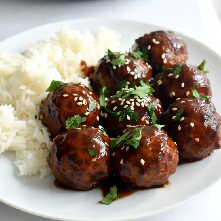 To make delicious teriyaki turkey meatballs, gather these key ingredients: - 1 lb ground turkey - 1/2 cup breadcrumbs - 1/4 cup green onions, finely chopped - 1 large egg, beaten - 2 tablespoons low sodium soy sauce - 1 tablespoon freshly grated ginger - 2 cloves garlic, minced - 1 tablespoon sesame oil - 1/4 teaspoon freshly ground black pepper - 1/4 teaspoon sea salt - 1/2 cup teriyaki sauce These ingredients blend together to create flavors that dance on your taste buds. The ground turkey gives a lean protein base, while ginger and garlic add a fragrant boost. Low sodium soy sauce helps keep the dish savory without being too salty. To make your meatballs even more appealing, consider these garnishes: - Sesame seeds - Fresh cilantro or parsley, chopped These add a pop of color and extra flavor. The sesame seeds provide a nice crunch, while fresh herbs brighten each bite. Teriyaki turkey meatballs can fit into many diets. They are: - Low in carbs - High in protein - Gluten-free if you use gluten-free breadcrumbs This dish is great for family meals or meal prep. Remember, it's always good to check for allergies when cooking for others. Adjust ingredients as needed to suit your guests’ needs. {{ingredient_image_2}} Start by gathering your ingredients. In a large bowl, add 1 lb of ground turkey. Next, pour in 1/2 cup of breadcrumbs. Add 1/4 cup of finely chopped green onions. Then, crack in 1 large beaten egg. Pour in 2 tablespoons of low sodium soy sauce. Grate 1 tablespoon of fresh ginger and add it. Mince 2 cloves of garlic and toss them in. Drizzle in 1 tablespoon of sesame oil. Finally, sprinkle in 1/4 teaspoon of black pepper and 1/4 teaspoon of sea salt. Mix everything well. You can use your hands or a spatula. Make sure the mixture feels smooth and even. This step is key for tasty meatballs. Now, preheat your oven to 400°F (200°C). While the oven heats, scoop out some mixture with your hands. Aim for golf ball-sized portions. Roll them gently to form meatballs. Place them on a parchment-lined baking sheet. Make sure to space them out. Bake the meatballs for 15-20 minutes. They should be fully cooked and golden on top. Keep an eye on them to avoid overcooking. While your meatballs bake, prepare the teriyaki sauce. Pour 1/2 cup of teriyaki sauce into a small saucepan. Heat it over medium heat until warm. Once the meatballs are done, take them out of the oven. Carefully transfer the meatballs to the saucepan. Gently toss them in the warm sauce. This ensures every meatball gets coated. Let them simmer for 2-3 minutes to soak up flavor. Now, they’re ready to serve! To make great meatballs, start with fresh ingredients. Use lean ground turkey for a moist texture. Mix the meat with breadcrumbs and egg to bind everything. The right ratio is key. If the mix feels too wet, add more breadcrumbs. If it's too dry, add a tiny splash of soy sauce. Always mix gently; overworking can make them tough. Baking is my favorite method for cooking these meatballs. It keeps them healthy and easy. Preheat your oven to 400°F (200°C). Place the meatballs on a parchment-lined sheet. Bake for 15-20 minutes. This ensures they cook evenly. Frying can add flavor but also more fat. If you choose to fry, use a non-stick pan and a little sesame oil. Cook them on medium heat until brown. Boost the flavor with fresh herbs. Chopped cilantro or parsley adds brightness. You can also mix in some chili flakes for heat. If you want a sweeter taste, add a bit of brown sugar to the teriyaki sauce. For extra umami, try a splash of fish sauce in the mix. These small tweaks can make your meatballs truly stand out! Pro Tips Use Chilled Ingredients: Keeping the ground turkey and other ingredients chilled helps the meatballs hold their shape better during cooking. Don’t Overmix: Mixing the meatball mixture too much can lead to tough meatballs. Gently combine the ingredients until just mixed. Test for Doneness: To ensure the meatballs are fully cooked, use a meat thermometer. They should reach an internal temperature of 165°F (74°C). Customize Your Sauce: Feel free to mix in some pineapple juice or chili flakes to the teriyaki sauce for a unique twist on flavor. {{image_4}} You can easily make these meatballs gluten-free. Instead of regular breadcrumbs, use gluten-free breadcrumbs. You can also use crushed gluten-free crackers or oats. Check the soy sauce label and choose a gluten-free brand. This will keep the flavors while making it suitable for gluten-free diets. For low-carb meatballs, replace breadcrumbs with almond flour or crushed pork rinds. This cuts the carbs while adding great texture. You can also serve the meatballs over cauliflower rice. This gives you a tasty, low-carb meal without missing out. If you want to switch up the protein, ground chicken or lean beef works well too. The flavors of teriyaki blend nicely with these meats. You can also try ground turkey breast for a leaner option. Each alternative adds its own unique taste while keeping the dish delicious. To store your teriyaki turkey meatballs, first cool them completely. Place them in an airtight container. They will last in the fridge for up to 3 days. If you want to keep them longer, freeze the meatballs. Use a freezer-safe bag or container. They can stay good for up to 3 months in the freezer. When you’re ready to eat, let them thaw overnight in the fridge. When you want to enjoy your meatballs again, reheating is easy. You can use the oven, microwave, or stovetop. For the oven, preheat it to 350°F (175°C). Place the meatballs on a baking sheet and heat for about 10-15 minutes. If using a microwave, place meatballs in a bowl and cover them. Heat for 1-2 minutes, checking every 30 seconds. On the stovetop, warm them in a pan with a splash of teriyaki sauce. This will keep them moist and tasty. To keep your meatballs fresh, store them in the right container. Make sure they are airtight to avoid drying out. Adding a bit of extra teriyaki sauce can help, too. Always let them cool before sealing them up. When you want to eat, don’t forget to check for any changes in smell or color. If they look or smell off, it's best to toss them. You can tell when the meatballs are cooked by checking their color and temperature. They should be golden brown on the outside. The best way to be sure is to use a meat thermometer. The center should read 165°F (74°C). If you don't have a thermometer, cut one in half. It should be firm and no longer pink inside. Yes, you can make the meatballs ahead of time! Form the meatballs and place them on a baking sheet. Cover them with plastic wrap and store them in the fridge. You can keep them for up to 24 hours. If you want to store them longer, freeze them. Just freeze them on the baking sheet first, then transfer to a freezer bag. Teriyaki turkey meatballs are tasty with many sides. Here are some great options: - Steamed rice, which absorbs the sauce well. - Sautéed veggies, like broccoli or bell peppers, for color and crunch. - Noodles, tossed with some extra teriyaki sauce for flavor. - A fresh salad with crunchy vegetables to balance the meal. These sides complement the meatballs and make a complete dish. Enjoy your cooking! In this post, we explored making tasty Teriyaki Turkey Meatballs. We covered key ingredients, step-by-step instructions, and tips for perfect meatballs. I also shared different variations to fit your diet and how to store your meatballs for later. Using these methods can help you create a meal everyone will love. Whether you choose to bake or fry, these meatballs are sure to impress. Enjoy crafting your dish and sharing it with family and friends!
