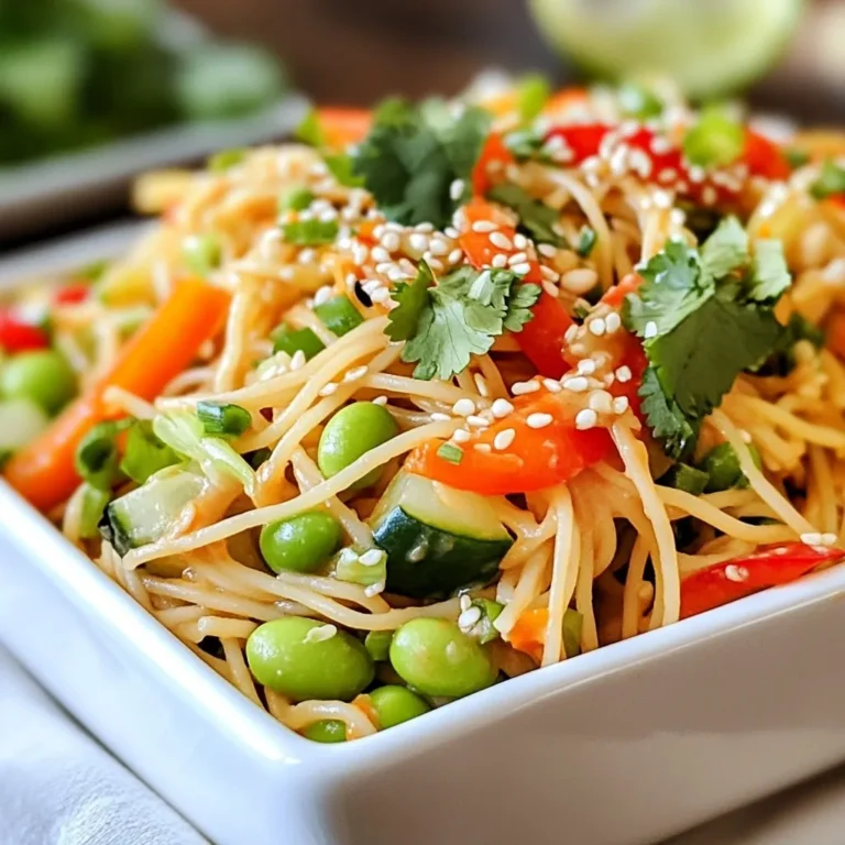 - 8 oz. whole wheat spaghetti or rice noodles - 1 cup shredded carrots - 1 red bell pepper, thinly sliced - 1 cucumber, julienned - 1 cup shelled edamame - 1/4 cup green onions, chopped - 1/2 cup crunchy peanut butter - 3 tablespoons soy sauce (or gluten-free tamari) - 2 tablespoons sesame oil - 1 tablespoon rice vinegar - 1 tablespoon honey or maple syrup - 1 teaspoon fresh ginger, grated - 1 teaspoon garlic powder - Salt and pepper, to taste - 1 tablespoon sesame seeds - Fresh cilantro leaves - Chopped peanuts - Squeeze of lime juice This dish is not only tasty but healthy too. Each serving gives you a good balance of carbs, protein, and healthy fats. Here’s a quick look at the nutritional benefits: - Calories: Approximately 350 per serving - Protein: 12g (thanks to the peanut butter and edamame) - Fiber: 8g (from the whole wheat noodles and veggies) - Vitamins: Rich in Vitamin A, C, and K This bowl is a colorful mix of nutrients. You get crunch from the veggies and creaminess from the peanut butter. It’s a great option for a quick meal that satisfies. {{ingredient_image_2}} Start by boiling a large pot of water. Once the water boils, add 8 oz. of whole wheat spaghetti or rice noodles. Cook according to the package instructions until the noodles are al dente. This usually takes about 7-10 minutes. When they are done, drain the noodles and rinse them under cold water. This stops the cooking and keeps the noodles firm. Set them aside to cool completely. In a large mixing bowl, combine the following ingredients to make the dressing: - 1/2 cup crunchy peanut butter - 3 tablespoons soy sauce (or gluten-free tamari) - 2 tablespoons sesame oil - 1 tablespoon rice vinegar - 1 tablespoon honey or maple syrup - 1 teaspoon fresh ginger, grated - 1 teaspoon garlic powder - Salt and pepper, to taste Whisk these ingredients together until smooth and creamy. This will be your delicious peanut dressing. Add the cooled noodles to the bowl with the peanut dressing. Use tongs or a large spoon to toss the noodles gently. Ensure that each strand is coated in the creamy dressing. Next, mix in the veggies: - 1 cup shredded carrots - 1 red bell pepper, thinly sliced - 1 cucumber, julienned - 1 cup shelled edamame - 1/4 cup green onions, chopped Toss everything together until the veggies are well mixed with the noodles. Taste your noodle bowl. If you want to enhance the flavor, add a splash more soy sauce or a drizzle of honey. This helps balance the flavors to suit your taste. Portion the noodle bowl into individual serving bowls. Garnish each bowl with a sprinkle of sesame seeds and fresh cilantro leaves. This adds color and extra flavor. Enjoy your tasty Sesame Peanut Noodle Bowl! One common mistake is overcooking the noodles. Always follow the package time closely. You want your noodles to be al dente. Rinse them in cold water right after cooking. This stops the cooking and keeps them firm. Another mistake is not mixing the dressing well. Make sure to whisk until smooth. This helps the flavors blend nicely. Lastly, don’t skip the garnishes. They add flavor and make your bowl look pretty. To get the best flavor, use fresh ginger. Grate it just before adding to the dressing. This gives a bright taste that dried ginger lacks. Always taste the dressing before mixing it with noodles. You can adjust the sweetness by adding more honey or maple syrup. Adding a squeeze of lime juice before serving brightens the dish. Lastly, let the flavors sit for a few minutes after mixing. This helps everything meld together. You only need a few simple tools. A large pot is essential for cooking the noodles. A mixing bowl helps you blend the dressing well. Use a whisk to combine all the dressing ingredients. Tongs are great for tossing the noodles and veggies together. A cutting board and sharp knife make slicing veggies quick and easy. Finally, a measuring cup ensures you get the right amount of peanut butter and liquids. Pro Tips Perfect Noodle Texture: Make sure to rinse the noodles under cold water after cooking to stop the cooking process and keep them from becoming mushy. Dress It Right: For an extra creamy dressing, consider warming the peanut butter slightly before mixing. This will help it blend more smoothly with other ingredients. Veggie Variations: Feel free to swap out vegetables based on your preference or what you have on hand. Snap peas, broccoli, or bell peppers of different colors can add variety. Make Ahead: This noodle bowl can be made ahead and stored in the fridge for up to 3 days. Just be sure to add garnishes like cilantro and sesame seeds just before serving. {{image_4}} You can easily make this dish gluten-free. Just swap out regular noodles for rice noodles. Rice noodles are soft and soak up flavors well. Also, choose gluten-free soy sauce or tamari. This keeps the dish tasty and safe for those avoiding gluten. This recipe is simple to adapt for vegetarians and vegans. The main ingredients are already plant-based. To keep it vegan, replace honey with maple syrup. This adds sweetness without animal products. Check your peanut butter to ensure it is vegan-friendly. Want to boost the protein in this meal? Add cooked shrimp, grilled chicken, or tofu. Tofu is an excellent choice. It absorbs flavors and adds a nice texture. Just make sure to cook your protein before mixing it in. This way, you’ll have a filling meal that satisfies your hunger. To keep your Sesame Peanut Noodle Bowl fresh, place leftovers in an airtight container. Store it in the fridge. It will stay good for up to three days. Make sure to cool the noodles completely before sealing. This helps prevent moisture buildup and soggy noodles. When you want to enjoy your leftovers, take them out of the fridge. You can reheat them in a pot over low heat. Add a splash of water to help soften the noodles. Stir gently until warm. You can also use a microwave. Place the noodles in a bowl, cover it, and heat for 1-2 minutes. Stir halfway through to ensure even heating. If you want to freeze your Sesame Peanut Noodle Bowl, it’s best to keep the sauce and veggies separate. Cooked noodles can freeze well for up to two months. To freeze, place cooled noodles in a freezer-safe bag. Remove as much air as possible before sealing. When ready to eat, thaw in the fridge overnight and reheat as mentioned. You can use whole wheat spaghetti or rice noodles. Whole wheat adds a nutty taste. Rice noodles give a light and chewy texture. Both options work great with the sauce. Choose based on your preference or dietary needs. Yes, you can prepare this dish ahead of time. Cook the noodles and make the dressing in advance. Store them in the fridge separately. Mix them together just before serving to keep the noodles fresh. To add heat, include red pepper flakes to the dressing. You can also use sriracha or chili paste. Start with a small amount and adjust to taste. Spicy toppings like jalapeños can also enhance the dish. Yes, this dish is quite healthy. It includes whole grains, veggies, and healthy fats from peanut butter. Edamame adds protein and fiber. You can adjust the sweetness and salt to make it even healthier. Enjoy this nutritious meal guilt-free! We covered how to make a tasty Sesame Peanut Noodle Bowl. First, we looked at key ingredients, optional garnishes, and nutrition. Next, I shared step-by-step cooking tips that ensure great flavor. I also offered helpful advice to avoid common mistakes and suggested variations for different diets. Finally, we discussed how to store leftovers and reheating tips. Try these steps and enjoy a dish that's easy, yummy, and satisfying. You'll have a new favorite meal in no time.