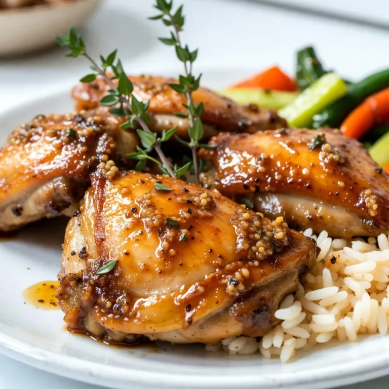 - 4 bone-in, skin-on chicken thighs - 1/3 cup honey - 1/4 cup Dijon mustard - 2 tablespoons apple cider vinegar - 2 cloves garlic, finely minced - 1 teaspoon dried thyme - 1 teaspoon smoked paprika - Salt and freshly ground black pepper to taste - 2 tablespoons extra virgin olive oil Gathering the right ingredients is key to a tasty meal. You need four chicken thighs with the skin on. This keeps the meat juicy and adds flavor. The honey gives a sweet touch, while Dijon mustard adds a tangy kick. Apple cider vinegar helps balance the flavors. Minced garlic offers depth, and dried thyme brings earthy notes. Smoked paprika adds warmth and a hint of smoke. Finally, use salt and black pepper to taste. Make sure to measure each ingredient correctly. This helps create the best flavor mix. The olive oil is important for cooking and adds richness. Having quality ingredients will make your honey mustard chicken thighs shine. Enjoy the process of preparing this delightful dish! {{ingredient_image_2}} - Preheat the oven to 400°F (200°C). - In a bowl, whisk together: - 1/3 cup honey - 1/4 cup Dijon mustard - 2 tablespoons apple cider vinegar - 2 cloves garlic, finely minced - 1 teaspoon dried thyme - 1 teaspoon smoked paprika - Salt and freshly ground black pepper to taste - Pat chicken thighs dry with paper towels and season both sides with salt and pepper. - Heat 2 tablespoons extra virgin olive oil in a large skillet over medium-high heat. - Place chicken thighs skin-side down in the skillet. Sear for 5-7 minutes until golden brown. - Flip the chicken thighs over and pour the honey mustard sauce over the top. - Transfer the skillet to the preheated oven. Bake for 25-30 minutes until the chicken reaches 165°F (75°C) inside. - For a thicker glaze, switch to broil for the last 2-3 minutes. - Monitor closely to prevent burning and caramelize the sauce nicely. - How to achieve crispy skin: Start with dry chicken thighs. Use paper towels to pat them dry. This helps the skin get crisp. Sear the chicken skin-side down in a hot skillet for 5-7 minutes. This gives it a golden-brown color and great texture. - Importance of letting the chicken rest: Always let the chicken rest for about 5 minutes after cooking. This keeps the juices inside. If you skip this step, the meat can dry out. Resting helps make every bite juicy and tender. - Adjusting sweetness with honey: You can change the sweetness by adding more or less honey. If you like it sweeter, add a bit more. If you prefer it less sweet, reduce the honey amount. This way, you can make it just right for your taste. - Flavor enhancements with herbs: Try adding fresh herbs like rosemary or parsley. These herbs can bring new flavors to the sauce. You can also mix in spices like cumin or chili powder for a twist. Experiment to find what you love! - Essential tools for preparation and cooking: Use a good mixing bowl to whisk your sauce. A sharp knife helps you mince garlic easily. A heavy skillet works best for searing the chicken. Lastly, have a meat thermometer handy to check the chicken’s doneness. This ensures your meal is safe and tasty. Pro Tips Pat the Chicken Dry: Ensuring your chicken thighs are dry before seasoning helps achieve a crispy skin when seared. Adjusting Sweetness: If you prefer a less sweet glaze, reduce the honey by a tablespoon or two, balancing it with more Dijon mustard for tang. Marinate for Flavor: For deeper flavor, consider marinating the chicken thighs in the honey mustard mixture for 1-2 hours before cooking. Let it Rest: Allowing the chicken to rest for a few minutes after baking helps retain its juices, leading to a more succulent bite. {{image_4}} You can switch up the flavor of your honey mustard chicken thighs in fun ways. Try using different mustards. Whole grain mustard adds a nice texture. Spicy brown mustard can give your dish a kick. You can also add spices or herbs. A pinch of rosemary pairs well with honey. For a fresh taste, consider adding parsley or basil. Experimenting with these flavors can make each meal unique. You can make this dish in an Instant Pot for a quick meal. Simply season the chicken and add the sauce. Seal the lid and cook on high pressure for about 10 minutes. This method keeps the chicken juicy and tender. Grilling is another great option. Preheat your grill to medium-high heat. Sear the chicken thighs for about 6-8 minutes on each side. Brush with sauce while cooking for extra flavor. Grilling brings a smoky taste to the dish that is simply delightful. When it comes to sides, vegetables work great with honey mustard chicken. Roasted broccoli or green beans add color and crunch. You could also steam carrots for a sweet touch. For grains, fluffy rice or quinoa is perfect. They soak up the tasty sauce well. Another option is a warm potato salad, which is filling and pairs nicely with the chicken. These sides make your meal balanced and delicious. To keep your honey mustard chicken thighs fresh, follow these tips: - Cool the chicken: Let the chicken cool down to room temperature first. - Use airtight containers: Place the chicken in airtight containers to keep it from drying out. - Refrigerate promptly: Store the chicken in the fridge within two hours. To reheat your chicken and keep it juicy, try these methods: - Oven method: Preheat your oven to 350°F (175°C). Place the chicken on a baking sheet. Cover it with foil to avoid drying. Heat for about 15-20 minutes. - Microwave method: Use a microwave-safe dish. Cover the chicken with a lid or wrap. Heat on medium power for 2-3 minutes, checking often. If you want to freeze your honey mustard chicken, here’s how: - Cool completely: Make sure the chicken is fully cooled before freezing. - Wrap well: Wrap each piece tightly in plastic wrap, then place in a freezer-safe bag. - Label and date: Write the date and name on the bag. Use within 3 months for best taste. - Thawing: To thaw, place in the fridge overnight or use the microwave. Avoid thawing at room temperature. Can I use boneless chicken thighs? Yes, you can use boneless chicken thighs. They will cook faster, so check them earlier. The flavor will still be great, but you might miss the crispy skin. What can I substitute for Dijon mustard? You can use yellow mustard or honey mustard. Both will change the taste a bit but still stay tasty. Adjust the honey if you use honey mustard to balance sweetness. How do I know when the chicken is done? Check the internal temperature with a meat thermometer. It should reach 165°F (75°C). The chicken will also look golden brown, juicy, and the juices should run clear. This blog post shared a tasty honey mustard chicken thigh recipe. We covered the key ingredients, step-by-step cooking methods, and essential tips for great results. I provided variations and side dish ideas to elevate your meal. Don’t forget to store leftovers correctly and reheat them for juicy bites. Experiment with flavors to make this dish your own! You now have the tools to create a delicious meal. Enjoy your cooking journey!