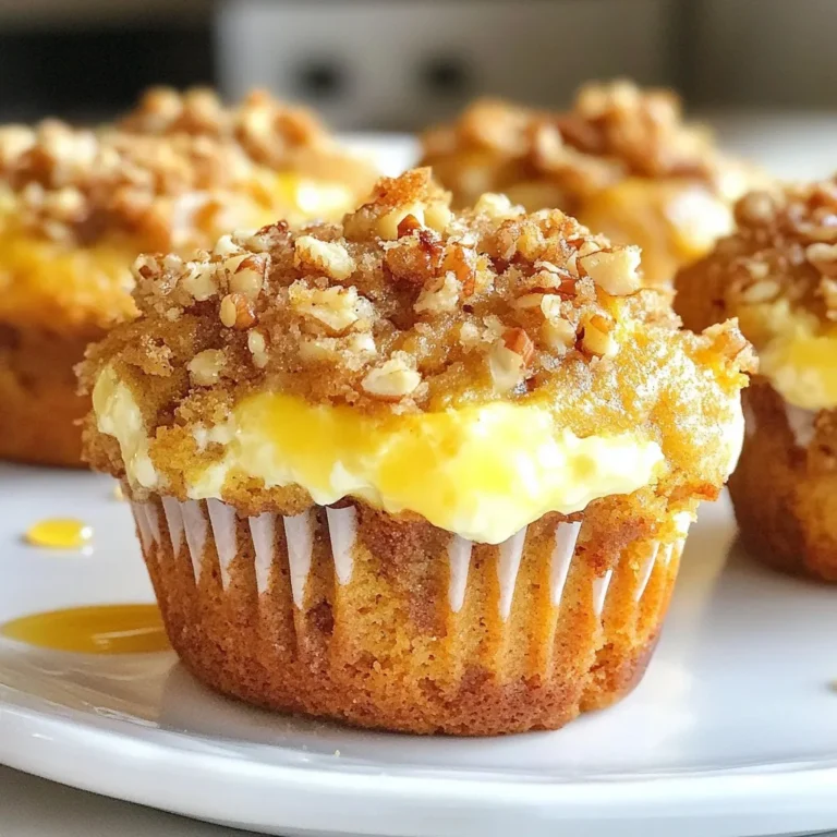 To make these tasty muffins, you'll need some simple ingredients. Here's what to gather: - 1 cup all-purpose flour - 1 cup whole wheat flour - 1 tablespoon pumpkin pie spice - 1 teaspoon baking powder - 1 teaspoon baking soda - ½ teaspoon salt - 1 cup canned pumpkin puree - ¾ cup granulated sugar - ½ cup brown sugar, packed - 2 large eggs - ½ cup vegetable oil - 1 cup cream cheese, softened - ¼ cup powdered sugar - 1 teaspoon vanilla extract - ½ cup rolled oats - ⅓ cup chopped pecans (or walnuts) - 2 tablespoons unsalted butter, melted These ingredients create a moist muffin with a creamy cheesecake layer and a crunchy streusel topping. You can easily swap out some ingredients for different flavors or dietary needs. Here are a few ideas: - Use almond flour instead of all-purpose flour for a gluten-free option. - Swap vegetable oil with melted coconut oil for a unique taste. - If you want a nut-free muffin, leave out the pecans or walnuts. - For a dairy-free version, use vegan cream cheese and plant-based milk. Feel free to get creative with these swaps while keeping the core flavors intact. Using fresh ingredients makes a big difference in taste. Fresh pumpkin puree gives the muffins a rich, natural flavor. Old spices lose their potency, so always check the dates. Fresh eggs provide better rise and texture. When you choose fresh ingredients, your muffins will taste better. They will be more enjoyable for you and your guests. Freshness brings out the true flavors in your Pumpkin Cheesecake Streusel Muffins. {{ingredient_image_2}} First, preheat your oven to 350°F (175°C). This step is key for even baking. While the oven heats, prepare your muffin tin. Line it with paper liners or grease it lightly with cooking spray or butter. This will help your muffins come out easily and keep them from sticking. In a large bowl, mix the dry ingredients. Combine 1 cup of all-purpose flour, 1 cup of whole wheat flour, 1 tablespoon of pumpkin pie spice, 1 teaspoon of baking powder, 1 teaspoon of baking soda, and ½ teaspoon of salt. Whisk these until there are no lumps. In another bowl, blend the wet ingredients. Add 1 cup of pumpkin puree, ¾ cup of granulated sugar, ½ cup of brown sugar, 2 large eggs, and ½ cup of vegetable oil. Mix until smooth and creamy. For the cheesecake filling, beat 1 cup of softened cream cheese in a medium bowl. Add ¼ cup of powdered sugar and 1 teaspoon of vanilla extract. Mix until smooth. Set this aside. Now for the streusel topping, combine ½ cup of rolled oats, ⅓ cup of chopped pecans (or walnuts), and 2 tablespoons of melted butter in a small bowl. Stir until it becomes crumbly. To assemble the muffins, spoon about 1 tablespoon of muffin batter into each cup. Then add 1 teaspoon of the cream cheese filling on top. Cover this with another tablespoon of muffin batter, sealing the cream cheese inside. Finish by sprinkling the streusel topping on each muffin. Bake the muffins in the preheated oven for 20-25 minutes. You can check if they are done by inserting a toothpick in the center. If it comes out clean, they are ready! After baking, let them cool for 5 minutes in the tin, then move them to a wire rack to cool completely. To get that soft muffin texture, blend the dry and wet ingredients gently. Overmixing makes muffins tough. Aim for a few lumps in your batter. Use room-temperature ingredients for a smoother mix. This helps the muffins rise and fluff up nicely. One common mistake is skipping the preheating step. Always preheat your oven to 350°F. Also, avoid using cold ingredients; they should be at room temperature. Lastly, don’t forget to check the muffins with a toothpick. If it comes out clean, they’re ready! Feel free to mix things up! Add chocolate chips for sweetness or swap pecans for walnuts. You can also try adding cranberries or raisins for a fruity twist. For more spice, add a pinch of nutmeg or cinnamon to the batter. Let your creativity flow! Pro Tips Use Fresh Spices: For the best flavor, use freshly ground spices instead of pre-ground. This will enhance the aroma and taste of your muffins. Check for Doneness: Insert a toothpick into the center of a muffin; it should come out clean. If it has wet batter on it, bake for a few more minutes. Variations on Nuts: Feel free to swap pecans for walnuts or even use chocolate chips for a sweeter twist on your streusel topping. Storage Tips: Store muffins in an airtight container at room temperature for up to 3 days, or freeze for longer storage. Reheat in the oven for a warm treat! {{image_4}} To make gluten-free pumpkin cheesecake muffins, swap the all-purpose flour. Use a gluten-free blend instead. Look for one that has a good texture for baking. This will help you keep the muffins soft and fluffy. You may also add a bit of xanthan gum for better structure. This simple swap lets everyone enjoy these tasty muffins. If you want vegan muffins, replace eggs with flax eggs. Mix one tablespoon of ground flaxseed with three tablespoons of water. Let it sit until it thickens. Use plant-based cream cheese instead of regular cream cheese. For the sugars, check that they are vegan-friendly. You can also swap vegetable oil for coconut oil for a nice flavor twist. Feel free to get creative! Add chopped nuts like pecans or walnuts for crunch. You can also mix in chocolate chips for a sweet surprise. Try adding spices like nutmeg or ginger for extra warmth. These fun add-ins change the flavor and make your muffins even more special. Enjoy experimenting with seasonal ingredients! To keep your pumpkin cheesecake streusel muffins fresh, store them in an airtight container. Make sure to let the muffins cool completely before sealing them. You can keep the muffins at room temperature for up to three days. If you live in a warm area, it’s best to refrigerate them to avoid spoilage. Just remember to wrap them well to prevent them from drying out. If you want to save some muffins for later, freezing is a great option. First, let the muffins cool completely. Then, wrap each muffin tightly in plastic wrap or aluminum foil. Place the wrapped muffins in a freezer-safe bag or container. They can stay frozen for up to three months. When you’re ready to enjoy one, simply thaw it in the fridge overnight or at room temperature for a few hours. You can also warm them in the oven for a few minutes for that fresh-baked taste. The shelf life of these muffins is about three days at room temperature and about a week in the fridge. If you freeze them, they can last for three months. Always check for any signs of spoilage, like mold or an off smell. You want to enjoy these treats when they are at their best! Yes, you can use fresh pumpkin. Start with a small pumpkin. Roast and scoop the flesh. Blend it until smooth. This will give your muffins a fresh taste. Just make sure to measure out one cup for the recipe. To reheat muffins, wrap them in a damp paper towel. Microwave for about 15 to 20 seconds. This keeps them moist. You can also use an oven. Preheat it to 350°F (175°C) and warm them for about 10 minutes. Yes, you can prepare the cheesecake filling ahead. Store it in an airtight container in the fridge. This can save time on baking day. Just remember to let it sit at room temperature for a few minutes before filling the muffins. Check the muffins by inserting a toothpick into the center. If it comes out clean, they are done. The tops should be golden brown. You can also gently press the top; it should spring back. Now you can bake delicious Pumpkin Cheesecake Streusel Muffins with ease. We covered essential ingredients, step-by-step instructions, and helpful tips. Remember to use fresh ingredients for the best taste. You can also make gluten-free or vegan versions. Store leftovers properly to keep them fresh. Enjoy your baking, and share these muffins with friends! Happy baking!
