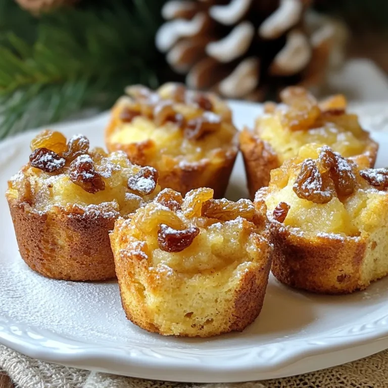 To make eggnog bread pudding muffins, you need: - 4 cups stale French or challah bread, cut into small cubes - 2 cups eggnog, store-bought or homemade - 3 large eggs These ingredients are the heart of the recipe. The stale bread soaks up the eggnog and egg mix, creating a soft, delightful base. The eggnog adds rich flavor and a holiday touch. You’ll also need to add some sweetness and flavor: - 1/2 cup packed brown sugar - 1 teaspoon pure vanilla extract - 1 teaspoon ground nutmeg The brown sugar brings a warm sweetness. The vanilla extract adds depth, while nutmeg gives that classic holiday spice. For extra texture and flavor, consider these optional add-ins: - 1/2 cup raisins or cranberries - 1/4 cup chopped pecans or walnuts These add-ins provide a nice chew and crunch. Raisins or cranberries bring sweetness, while nuts add a lovely crunch. Feel free to mix and match based on your taste. {{ingredient_image_2}} First, you need to set your oven to 350°F (175°C). This is the perfect temperature for baking muffins. While the oven heats, generously grease a 12-cup muffin tin with butter or cooking spray. This step helps prevent the muffins from sticking. Take 4 cups of stale French or challah bread and cut it into small cubes. In a large bowl, combine the bread with 2 cups of eggnog. Stir the mixture gently and let it soak for about 10-15 minutes. This allows the bread to absorb the eggnog, making it soft and flavorful. In another bowl, whisk together 3 large eggs, 1/2 cup of packed brown sugar, 1 teaspoon of pure vanilla extract, 1 teaspoon of ground nutmeg, and 1 teaspoon of ground cinnamon. Keep whisking until the mixture is smooth. This step adds a rich flavor to the muffins. Next, carefully pour this egg mixture over the soaked bread. Gently fold them together until just combined. If you want, you can add 1/2 cup of raisins or cranberries and 1/4 cup of chopped pecans or walnuts at this stage. Using a spoon, fill each muffin cup about three-quarters full with the bread mixture. This allows enough space for rising during baking. Place the muffin tin in the preheated oven and bake for 25-30 minutes. Check for doneness by inserting a toothpick into the center of a muffin. If it comes out clean, they are ready. After baking, remove the muffins from the oven. Let them cool in the tin for about 5 minutes, then carefully transfer them to a wire rack. This helps them cool completely. You can serve these muffins warm or at room temperature. For a special touch, dust them with powdered sugar before serving. They are a delightful treat for any holiday gathering! To ensure even baking, preheat your oven to 350°F (175°C). Place the muffin tin in the center of the oven. This helps muffins cook evenly. Keep an eye on the baking time. Check for doneness after 25 minutes. Insert a toothpick in the center of a muffin. If it comes out clean, your muffins are ready. If you want an alternative for eggnog, use a mix of milk and cream with spices. You can add a splash of vanilla and a bit of sugar for sweetness. For sweeteners, try maple syrup or honey instead of brown sugar. Adjust the amount to taste, but start with less and add more as needed. For a lovely presentation, arrange the muffins on a festive platter. A sprinkle of powdered sugar or cinnamon on top adds charm. You can also serve them with a side of whipped cream. A drizzle of cream enhances both flavor and look. Pro Tips Stale Bread is Key: Use day-old bread for the best texture. It will absorb the eggnog mixture better and create a more flavorful muffin. Customizable Add-ins: Feel free to swap the raisins or cranberries with chocolate chips or diced apples for a different flavor profile. Don’t Overmix: When combining the soaked bread and egg mixture, mix gently to maintain some chunks of bread for a delightful texture. Perfect Baking Time: Keep an eye on the muffins as they bake; every oven is different. They’re done when golden brown and a toothpick comes out clean. {{image_4}} You can make these muffins even better by adding chocolate chips. Just toss in a half cup of chips when you mix the bread and egg mixture. The chocolate melts and adds a rich flavor that pairs well with the eggnog. Another fun twist is to add spices like ginger. This gives the muffins a warm and cozy taste. You can replace some cinnamon with ginger, or add it along with nutmeg. That's a great way to spice things up during the holidays! If you need gluten-free muffins, you can use gluten-free bread. Just make sure to check the label for the best results. The rest of the recipe stays the same, so you can still enjoy the creamy eggnog flavor. For a vegan version, switch the eggs with a mix of flaxseed and water. Use 1 tablespoon of ground flaxseed with 2.5 tablespoons of water per egg. Also, choose a plant-based eggnog to keep it dairy-free. These changes make the muffins vegan-friendly without losing taste. You can also add holiday-themed ingredients to make these muffins special. Try adding crushed candy canes for a festive crunch, or mix in some pumpkin spice for a fall twist. If you are celebrating different holidays, consider changing the flavors. For instance, during Easter, you could add dried fruits like apricots or cherries. These small changes make the muffins perfect for any celebration, ensuring they stay exciting all year round! To keep your Eggnog Bread Pudding Muffins fresh, store them properly. - Refrigeration: Place the muffins in an airtight container. This helps keep them moist. They stay fresh in the fridge for about 3 to 5 days. You can also wrap them in plastic wrap for extra protection. - Freezing: If you want to save them longer, freeze the muffins. First, let them cool completely. Then, wrap each muffin in plastic wrap. Place the wrapped muffins in a freezer bag. They can last for about 2 to 3 months in the freezer. When you're ready to enjoy your muffins again, here’s how to warm them up. - Best Methods: You can use the microwave or oven. For the microwave, heat each muffin for about 15 to 20 seconds. If you prefer the oven, preheat it to 350°F (175°C). Warm the muffins for 10 to 15 minutes until hot. - Serving Cold vs. Warm: These muffins taste great both ways! Warm muffins have a soft texture and rich flavor. Cold muffins are still delicious and perfect for a quick snack. Using fresh bread will change the texture and flavor. Fresh bread has more moisture, which can make the muffins soggy. Stale bread absorbs the eggnog better. It gives a nice, soft, and chewy texture to the muffins. So, for the best results, stick with stale bread. These muffins last for about three to four days. Keep them in an airtight container at room temperature. For longer storage, you can freeze them. Just make sure they cool completely before freezing. They will stay good for up to three months in the freezer. Yes, you can make these muffins in advance. Prepare the batter a day before and store it in the fridge. Just remember to bake them fresh when you are ready to serve. This keeps them fluffy and warm. You can also bake and store them for later. You can serve these muffins with whipped cream. A light dusting of powdered sugar also adds a nice touch. Try pairing them with a warm drink like hot cocoa or spiced cider. For a festive twist, serve them with a drizzle of caramel sauce. These options enhance the holiday spirit! This blog post covered how to make delicious eggnog bread pudding muffins. We discussed key ingredients, step-by-step instructions, and helpful tips. You can add fun twists or adjust for dietary needs. These muffins are perfect for any occasion, especially during the holidays. I encourage you to try this simple recipe and enjoy unique flavors. Remember, baking is about having fun and getting creative. With practice, you’ll master this tasty treat! Happy baking!