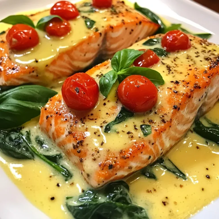 - 4 skinless salmon fillets - 2 tablespoons extra virgin olive oil - 4 cloves of garlic, minced - 1 cup cherry tomatoes, cut in half - 1 cup baby spinach - 1 cup heavy cream - 1/2 cup grated Parmesan cheese - 1 teaspoon mixed dried Italian herbs (basil and oregano) - Salt and freshly ground black pepper to taste Gathering these key ingredients makes your creamy garlic Tuscan salmon rich and tasty. The salmon fillets are the stars of this dish. They cook up tender and flaky, soaking in all the flavors. Olive oil and garlic form the base of the sauce, adding depth to every bite. The cherry tomatoes bring a sweet burst, while the spinach adds a nice pop of color and nutrition. Heavy cream and Parmesan cheese create a velvety sauce that coats the salmon perfectly. Dried Italian herbs like basil and oregano add that classic Tuscan touch. A pinch of salt and a twist of black pepper help balance out all the flavors. Make sure to have fresh basil leaves on hand for a beautiful finish. This simple list will help you create a dish that impresses everyone at the table. {{ingredient_image_2}} Start by heating the olive oil in a large skillet over medium heat until it shimmers. Season both sides of the salmon fillets with salt and pepper. Place the fillets in the hot skillet. Cook for about 4-5 minutes on each side. You want them golden and cooked through. Once done, remove the salmon and set it aside on a plate. To achieve a perfect sear, make sure your skillet is hot before adding the salmon. Avoid overcrowding the skillet. This way, you allow the heat to circulate properly. In the same skillet, add the minced garlic. Sauté for about 30 seconds, stirring constantly. You want the garlic to be fragrant but not browned. Then, toss in the halved cherry tomatoes and the dried Italian herbs. Cook, stirring occasionally, until the tomatoes soften, which takes about 3-4 minutes. Next, add the baby spinach to the skillet. Stir gently until the spinach wilts down, about 1-2 minutes. After that, reduce the heat to low and pour in the heavy cream. Stir well to mix everything together. Let it simmer gently for 2-3 minutes until the sauce thickens a bit. Now, stir in the grated Parmesan cheese. Mix until it melts completely, making the sauce smooth and creamy. Taste it and adjust the seasoning with extra salt and pepper if needed. Finally, reintroduce the cooked salmon to the skillet. Spoon the rich creamy sauce over the fillets. Let everything simmer together for another minute to heat through. For a beautiful presentation, serve the salmon on a nice plate. Drizzle the sauce generously over it. Garnish with fresh basil leaves for a pop of color. - For the best salmon, pan-sear it in olive oil. - Cook it for 4-5 minutes on each side. - Look for a golden brown crust. - The fish should flake easily with a fork. To check for doneness, try the fork test. Gently press the thickest part of the fish. If it flakes easily, it’s ready. If not, give it another minute. - Start with heavy cream for a rich sauce. - Add Parmesan cheese to boost the flavor. - If you want a creamier sauce, increase the cream. - To avoid separation, keep the heat low while mixing. Stir the sauce often. This helps keep it smooth and well combined. If you notice it getting too thick, add a splash of chicken broth or more cream. - Serve the salmon on a nice plate for a gourmet look. - Drizzle the sauce generously over each fillet. - Garnish with fresh basil leaves for color. Pair this dish with garlic bread or pasta for a complete meal. The sauce is perfect for soaking up with bread or mixing into pasta. Pro Tips Choose Fresh Salmon: Always opt for fresh, high-quality salmon fillets for the best flavor and texture. Look for vibrant color and a firm texture. Customize the Cream: Feel free to substitute heavy cream with half-and-half or a dairy-free alternative for a lighter option without sacrificing creaminess. Herb Variations: Experiment with different herbs such as thyme or parsley to customize the flavor profile to your liking. Serve with Sides: Pair this dish with garlic bread, rice, or a light salad to balance the richness of the creamy sauce. {{image_4}} If you want to switch things up, you can use chicken or shrimp instead of salmon. Both proteins work well with the creamy sauce. Simply follow the same cooking steps. For a dairy-free option, try using coconut milk or cashew cream. These alternatives still bring a rich taste to the dish. To make your dish pop, consider adding fresh herbs like parsley or thyme. A pinch of red pepper flakes can add a nice kick. You can also toss in vegetables like bell peppers or zucchini for extra nutrition. If you want to include grains, serve it with quinoa or farro. These options add texture and make the meal heartier. Creamy garlic Tuscan salmon pairs well with many sides. You can serve it over pasta, rice, or with crusty bread. For a lighter meal, create a salad with mixed greens and your favorite dressing. This way, you can enjoy the rich flavors while keeping it fresh and light. After enjoying your creamy garlic Tuscan salmon, let it cool down. You want it to reach room temperature. Then, place the leftovers in airtight containers. Glass or plastic containers work well. Make sure to store them in the fridge. This will keep the salmon fresh for up to three days. When you're ready to eat your leftovers, you can reheat them safely. The best methods are in the oven or on the stove. For the oven, set it to 350°F (175°C). Place the salmon in a baking dish, cover it with foil, and heat for about 15 minutes. On the stove, gently warm the salmon in a skillet on low heat. This keeps it moist. To maintain the sauce's creamy texture, add a splash of cream or broth while reheating. If you want to save some for later, freezing is a great option. First, let the dish cool completely. Then, scoop the salmon and sauce into freezer-safe containers. Make sure to leave some space at the top for expansion. You can freeze it for up to three months. When you’re ready to eat, thaw it in the fridge overnight. For a quicker option, you can use the microwave's defrost setting before reheating. To check if salmon is done, look for its color. Cooked salmon turns light pink and opaque. The best method is to use a fork. Gently press the salmon with the fork. It should flake easily. If it still looks raw inside, cook it a bit longer. The internal temperature should reach 145°F (63°C). Use a food thermometer for accuracy. Yes, you can use frozen salmon. You can cook it straight from frozen. Just make sure to adjust your cooking time. Cooking from frozen takes longer than thawed salmon. Aim for about 6-7 minutes per side. If you thaw it first, it will cook faster and more evenly. This dish pairs well with many sides. Consider garlic bread for a tasty option. You can also serve it over pasta to soak up the sauce. A light salad with mixed greens works too. For drinks, a crisp white wine like Sauvignon Blanc complements the flavors nicely. This blog post guides you through making creamy garlic Tuscan salmon. You'll learn about key ingredients, like salmon, garlic, and heavy cream. Step-by-step directions help you cook the salmon and make the sauce. I shared useful tips for cooking and pairing suggestions, too. Remember, feel free to customize with your favorite ingredients. Now, you have everything you need to impress at your next meal! Enjoy every bite.