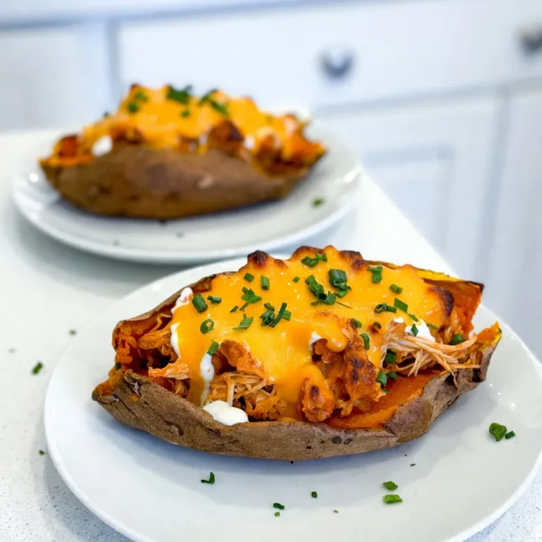 To make Buffalo Chicken Stuffed Sweet Potatoes, gather these fresh ingredients: - 4 medium sweet potatoes - 2 cups cooked chicken, shredded - 1/2 cup buffalo sauce (adjust based on your heat preference) - 1/4 cup Greek yogurt - 1/4 cup ranch dressing - 1 cup shredded cheddar cheese - 1/2 cup chopped green onions - Salt and pepper to taste - Olive oil for drizzling You can swap ingredients for your taste or needs. Here are some ideas: - Use rotisserie chicken for quick prep. - Substitute Greek yogurt with sour cream for a creamier texture. - Choose a dairy-free ranch dressing to make this dish vegan-friendly. - Try blue cheese dressing if you love bold flavors. - Use non-dairy cheese for a lactose-free option. Buffalo Chicken Stuffed Sweet Potatoes pack a punch in nutrition. Here’s a quick look: - Sweet Potatoes: Rich in vitamins A and C, high in fiber. - Chicken: A great source of protein. - Greek Yogurt: Adds probiotics and calcium. - Cheese: Provides protein and calcium but can be high in fat. - Buffalo Sauce: Adds flavor but can be high in sodium. This meal is filling and has a nice balance of protein, carbs, and healthy fats. Each stuffed potato is a hearty, wholesome choice for lunch or dinner. {{ingredient_image_2}} Start by washing the sweet potatoes well. This step is key to remove any dirt. Next, poke holes in each sweet potato with a fork. This lets steam escape while they bake. Place the sweet potatoes on a baking sheet. Drizzle them with olive oil and sprinkle some salt. This adds flavor and helps them roast nicely. While the sweet potatoes bake, mix the filling. In a bowl, combine shredded chicken and buffalo sauce. Stir well until the chicken is fully coated. Taste as you mix. Adjust the sauce if you want more heat. Add Greek yogurt and ranch dressing to the bowl. This gives a creamy texture and balances the spice. Mix until smooth. Once the sweet potatoes are tender, let them cool a bit. Cut each potato in half lengthwise. Use a fork to scoop out some sweet potato flesh. Leave the skins intact; they hold everything together. Add the scooped flesh to the buffalo chicken mix. Blend it all well and season with salt and pepper. Stuff the sweet potato skins with this filling. Top with cheddar cheese for that golden finish. Bake again for 10-15 minutes. When the cheese is bubbly, take them out. Garnish with green onions before serving. Enjoy your flavorful creation! When picking sweet potatoes, look for firm ones. Avoid the soft or wrinkled ones. Medium-sized sweet potatoes work best for this recipe. They are easier to stuff and cook evenly. Sweet potatoes with smooth skin have better flavor. Try to find ones with a vibrant orange color. This means they are fresh and sweet. Buffalo sauce is key for flavor. If you love heat, use more buffalo sauce. For a milder taste, add less. You can also mix in Greek yogurt to tone down the spice. Tasting as you mix helps you find the right balance. Use a mild ranch dressing if you want to cool it down even more. For a cheese that melts well, use shredded cheddar. It melts nicely and adds great flavor. To ensure your cheese melts perfectly, sprinkle it generously on top. Bake the stuffed sweet potatoes until the cheese is bubbly and golden. If you want a bit more color, broil for the last minute. Just watch it closely to prevent burning. Pro Tips Choose the Right Sweet Potatoes: Opt for medium-sized sweet potatoes that have smooth skin and are free from blemishes for the best flavor and texture. Customize Your Spice Level: Adjust the amount of buffalo sauce according to your heat preference; start with less and add more if needed for a balanced flavor. Allow to Cool: After baking, let the sweet potatoes rest for a few minutes before cutting to help retain their natural sweetness and keep them from being too hot to handle. Experiment with Toppings: Feel free to add toppings like sliced jalapeños, crumbled blue cheese, or diced celery for added texture and flavor. {{image_4}} You can swap the chicken for plant-based protein. Use shredded jackfruit or chickpeas. Both options soak up flavors well. Try mixing in some black beans for added fiber. This keeps the dish hearty and satisfying. Different sauces can give your stuffed sweet potatoes a new taste. Try barbecue sauce for a smoky flavor. You can also mix in sriracha for a spicy kick. Consider adding diced celery or carrots for crunch. If you love cheese, try using blue cheese instead of cheddar. Each change can create a unique dish. Serve these stuffed sweet potatoes with a side salad. A crisp green salad balances the dish well. You can also pair them with corn on the cob for a sweet touch. For a heartier meal, add some grilled veggies. If you like dips, serve with extra ranch or blue cheese dressing on the side. To keep your Buffalo Chicken Stuffed Sweet Potatoes fresh, let them cool first. Place them in an airtight container. They will last in the fridge for up to three days. If you want to enjoy them later, consider freezing them. Just follow the steps below. To reheat, start by preheating your oven to 350°F (175°C). Place your stuffed sweet potatoes on a baking sheet. Cover them with foil to keep them moist. Heat for about 20 minutes or until warmed through. If using the microwave, place them on a microwave-safe plate. Heat on high for 2-3 minutes, checking often to avoid overcooking. Freezing is a great way to save these tasty meals. After you've made them, let the stuffed sweet potatoes cool completely. Wrap each one tightly in plastic wrap, then place them in a freezer-safe bag or container. They can stay frozen for up to three months. When you're ready to eat, thaw them in the fridge overnight before reheating. Enjoy the flavor blast all over again! Yes, you can use canned chicken. It saves time and is easy to use. Just drain the chicken first. Then, shred it with a fork. Mix it with the buffalo sauce. This will give you a quick and tasty filling. The canned chicken works well, but fresh chicken has a better texture. If you have time, consider using shredded rotisserie chicken for more flavor. You know sweet potatoes are done when they are soft. After baking for 45-60 minutes, poke them with a fork. If the fork goes in easily, they are ready. The skin should look slightly wrinkled. If they feel firm, bake them a bit longer. Make sure to check around the 45-minute mark. You can serve a side salad for a fresh touch. A simple green salad or coleslaw pairs well. You could also add some crunchy veggie sticks. Carrot or celery sticks with ranch dip are great options. If you want more heat, serve extra buffalo sauce on the side. These sides balance the meal and add color to your plate. In this blog post, we explored how to make tasty Buffalo Chicken Stuffed Sweet Potatoes. We covered the ingredients you'll need, easy steps to follow, and tips for perfect results. I shared ideas for variations and how to store leftovers too. Now, you have all the tools to whip up this dish. Enjoy the process and get creative with flavors! Your kitchen will smell amazing, and your meals will impress everyone. Happy cooking!