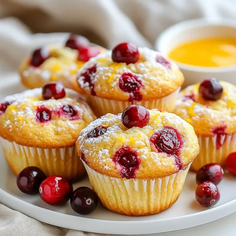 To make these tasty cranberry orange muffins, gather these ingredients: - 1 ½ cups all-purpose flour - ¾ cup granulated sugar - 2 teaspoons baking powder - ½ teaspoon baking soda - ½ teaspoon salt - 1 teaspoon ground cinnamon - 1 large egg, at room temperature - ¾ cup buttermilk (or any plant-based milk for a dairy-free option) - ⅓ cup vegetable oil - Zest of 1 large orange, finely grated - 1 cup fresh or frozen cranberries, chopped if large - 1 teaspoon pure vanilla extract - Optional: ½ cup chopped walnuts or almonds for added crunch You can customize your muffins with add-ins. Here are some ideas: - Chopped walnuts or almonds for a crunch - Dried cranberries for extra sweetness - Orange zest for an extra citrus kick - Chocolate chips for a sweet twist If you don’t have some ingredients, don’t worry! Here are some swaps: - Use whole wheat flour for a healthier option. - Substitute granulated sugar with brown sugar for a richer taste. - Replace buttermilk with yogurt or a mix of milk and vinegar. - Use coconut oil instead of vegetable oil for a unique flavor. These options help you make the recipe your own while keeping it delicious! {{ingredient_image_2}} Start by preheating your oven to 350°F (175°C). This step is key for even baking. While your oven warms up, grab your muffin tin. Line it with paper liners or grease it lightly. This will help your muffins pop right out. In a large mixing bowl, whisk together the dry ingredients. Combine 1 ½ cups of all-purpose flour, ¾ cup of granulated sugar, 2 teaspoons of baking powder, ½ teaspoon of baking soda, ½ teaspoon of salt, and 1 teaspoon of ground cinnamon. Mix them well. This ensures all flavors blend nicely. In another bowl, whisk your wet ingredients. Start with 1 large egg at room temperature. Add ¾ cup of buttermilk, ⅓ cup of vegetable oil, the zest of 1 large orange, and 1 teaspoon of pure vanilla extract. Whisk until it’s smooth. This mixture adds moisture and brightness to your muffins. Gently pour the wet mixture into your bowl of dry ingredients. With a spatula, fold the two mixtures together. Be careful not to overmix. Your batter should stay a little lumpy. This keeps the muffins light and fluffy. Next, fold in 1 cup of fresh or frozen cranberries. If you like, add ½ cup of chopped walnuts or almonds too. Spoon the batter into the muffin tin, filling each cup about ¾ full. This allows space for rising. Bake the muffins for 18 to 20 minutes. To check if they're done, insert a toothpick into the center. It should come out clean. After baking, let the muffins cool in the tin for 5 minutes. Then, transfer them to a wire rack to cool completely. Overmixing can ruin your muffins. It makes them tough and chewy. To avoid this, mix gently. After you add the wet mix to the dry mix, use a spatula. Fold the batter until you see no dry flour. It’s okay if the batter looks a bit lumpy. Lumps mean soft muffins! Even baking is key for great muffins. Start by preheating your oven to 350°F (175°C). Use a reliable oven thermometer to check the temperature. Fill each muffin cup about ¾ full for even rising. Rotate the muffin tin halfway through baking. This helps all muffins bake evenly. A perfect muffin has a light and airy texture. Use fresh ingredients like baking powder and baking soda. Check the expiration dates to ensure they are active. Room-temperature ingredients mix better. For a moist texture, buttermilk is fantastic. You can also use plant-based milk for a lighter option. If you want crunch, add nuts! Pro Tips Use Fresh Cranberries: Fresh cranberries give the best flavor and texture. If using frozen cranberries, do not thaw them before adding to the batter to maintain their shape and tartness. Room Temperature Ingredients: Ensure your egg and buttermilk are at room temperature before mixing. This helps create a smoother batter and ensures even baking. Don’t Overmix: Overmixing can lead to dense muffins. Stir the wet and dry ingredients until just combined for light and fluffy muffins. Storage Tip: Store the muffins in an airtight container at room temperature for up to 3 days, or freeze them for up to 3 months. Reheat in the oven for a fresh taste! {{image_4}} You can switch cranberries with other fruits. Blueberries, raspberries, or chopped apples work well too. Each fruit gives a unique taste. For example, blueberries add sweetness, while apples add moisture. If you use fresh fruit, chop it small. This ensures even distribution. With frozen fruit, do not thaw before adding. It keeps the batter cool and moist. Making gluten-free muffins is easy. Substitute all-purpose flour with a gluten-free blend. Look for blends that include xanthan gum. This helps the muffins rise and stay soft. You can also use almond flour or oat flour. Just remember, these may change the texture a bit. Always check that your baking powder is gluten-free too. Want to boost the flavor? Try adding spices like nutmeg or ginger. These spices pair nicely with the orange zest. You can also mix in chocolate chips or dried fruit for extra sweetness. For a nice crunch, nuts like walnuts or almonds are great. Each of these additions makes your muffins more exciting and tasty. To keep your cranberry orange muffins fresh, store them in an airtight container. Place a paper towel at the bottom to absorb moisture. This will help keep them soft and prevent sogginess. You can store them at room temperature for up to three days. If you want to keep them longer, refrigeration is an option. However, this may change their texture slightly. Freezing is a great way to save muffins for later. Allow the muffins to cool completely first. Then, wrap each muffin tightly in plastic wrap. Place the wrapped muffins in a freezer bag or container. Label it with the date. They can last up to three months in the freezer. When you're ready to enjoy them, simply take out the muffins and let them thaw at room temperature. Reheating your muffins is quick and easy. You can use a microwave or an oven. For the microwave, heat for about 10 to 15 seconds. Check to make sure they are warm but not hot. If using an oven, preheat it to 350°F (175°C). Place the muffins on a baking sheet and heat for about 5 to 7 minutes. This will help restore their fresh-baked flavor and texture. Enjoy them warm! Yes, you can use frozen cranberries. They work well in this recipe. Just fold them in while they are still frozen. This helps keep the muffins moist and fruity. If you notice extra moisture, you may want to reduce the buttermilk slightly. This way, your muffins will still rise beautifully. To make these muffins vegan, replace the egg with a flax egg. Mix 1 tablespoon of ground flaxseed with 2.5 tablespoons of water. Let it sit for five minutes to thicken. You can switch buttermilk for a plant-based milk, like almond or soy milk. This keeps the muffins moist and tasty while being plant-friendly. If you don't have buttermilk, you can use regular milk. Just add 1 tablespoon of lemon juice or vinegar to 3/4 cup of milk. Stir and let it sit for five minutes. This creates a similar tangy flavor. You can also use any plant-based milk for a dairy-free option. To adjust the sweetness, you can modify the sugar amount. If you prefer less sugar, reduce it by 1/4 cup. You can also use natural sweeteners like honey or maple syrup. Just remember to adjust the liquid ingredients slightly to keep the muffin texture right. In this post, we explored how to make delicious muffins. We covered key ingredients and optional add-ins for extra flavor. I shared step-by-step instructions to help you bake perfectly. You learned tips and tricks for great texture and even baking. We also discussed fun variations and storage methods to keep your muffins fresh. Remember, baking should be fun and creative. Experiment with flavors and enjoy your tasty results!