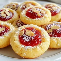 - 1 cup unsalted butter, softened at room temperature - 1/2 cup powdered sugar - 1 teaspoon pure almond extract - 2 cups all-purpose flour - 1/2 teaspoon baking powder - 1/4 teaspoon fine sea salt - 1/2 cup whole almonds, toasted and finely chopped - 1/2 cup raspberry jam (seedless preferred) - Extra powdered sugar When making Raspberry Almond Thumbprint Cookies, choose high-quality butter. Look for unsalted butter for better control over salt levels. For the best flavor, use pure almond extract instead of imitation. It makes a big difference. When picking almonds, go for whole, raw nuts. Toast them lightly at home for a rich flavor. Finally, select a good-quality seedless raspberry jam. A smooth, thick jam will give you the best results. {{ingredient_image_2}} First, gather all your ingredients. You need unsalted butter, powdered sugar, and almond extract. You also need all-purpose flour, baking powder, sea salt, whole almonds, and raspberry jam. Preheat your oven to 350&deg;F (175&deg;C). Line a baking sheet with parchment paper. This helps prevent sticking. In a bowl, mix the softened butter and powdered sugar together. Use an electric mixer to beat this until fluffy. This should take about 3-5 minutes. Next, add the almond extract to the fluffy mix. Stir until combined. In another bowl, whisk flour, baking powder, and sea salt. Gradually add this to the butter mixture. Mix gently; be careful not to overmix. Now, fold in chopped toasted almonds. Take about one tablespoon of dough and roll it into a ball. Place each ball on the baking sheet, leaving space between them. Use your thumb to make an indentation in each ball. Fill these with about 1/2 teaspoon of raspberry jam. Bake the cookies for 12-15 minutes. They are done when the edges are golden brown. Once baked, let the cookies cool on the baking sheet for 5 minutes. Then, move them to a wire rack to cool completely. If you want, dust the cookies with powdered sugar before serving. This adds a nice touch. For an extra pop, arrange them on a platter with fresh raspberries or mint. This makes your delicious cookies look even better. One common mistake is overmixing the dough. This can make your cookies tough. Mix just until everything comes together. Another mistake is not making the thumbprint deep enough. If you don&rsquo;t, the jam will overflow. Be sure to press down firmly but gently. Lastly, avoid using too much jam. A little goes a long way, so stick to about 1/2 teaspoon per cookie. To keep your cookies round, space them well on the baking sheet. Aim for about 2 inches apart. This allows them to spread without merging. Use cold dough for shaping. If the dough warms up too much, it can lose its form while baking. Chilling the dough for 15-20 minutes before baking can help maintain their shape. Ovens can vary in heat. If you have a convection oven, reduce the cooking time by a couple of minutes. Start checking your cookies at 10 minutes. For older ovens, you may need to increase the time slightly. Always look for light golden edges as a sign of doneness. Using an oven thermometer can help you know if your oven runs hot or cold. Pro Tips Chill the Dough: For best results, chill the cookie dough for about 30 minutes before shaping. This helps the cookies hold their shape and prevents excessive spreading during baking. Use Quality Jam: Opt for a high-quality raspberry jam for a richer flavor. A seedless variety will provide a smoother finish and a more elegant presentation. Toast Almonds for Flavor: Toast the almonds in a dry skillet over medium heat until golden brown. This enhances their nutty flavor and adds depth to your cookies. Experiment with Fillings: While raspberry jam is delicious, feel free to experiment with other flavors like apricot or strawberry jam for a fun twist on this classic cookie. {{image_4}} If you want to change the flavor, use vanilla extract instead. This swap keeps the cookies sweet and tasty. You can also try hazelnut extract for a nutty twist. Each option changes the cookie's taste, making them fun to explore. Raspberry jam is classic, but you can use other flavors too. Strawberry jam adds a fruity sweetness. Blueberry jam brings a lovely color and flavor. Apricot jam works well for a light, fresh taste. Feel free to mix and match your favorite jams! To make these cookies gluten-free, use a mix of almond flour and gluten-free flour. This keeps the cookie texture nice. For a vegan version, swap the butter with coconut oil and use a flax egg. Mix one tablespoon of flaxseed meal with three tablespoons of water to replace one egg. These changes keep the cookies delicious while meeting your dietary needs! To keep your raspberry almond thumbprint cookies fresh, store them in an airtight container. Place parchment paper between layers to prevent sticking. Keep the container in a cool, dry place away from sunlight. This helps maintain their soft texture and rich flavor. Fresh cookies will last for up to one week. If you want to save some cookies for later, freezing is a great option. First, let the cookies cool completely. Then, arrange them in a single layer on a baking sheet. Freeze them for about an hour. Once frozen, transfer the cookies into a freezer-safe bag, removing as much air as possible. Label the bag with the date. They can stay fresh for up to three months in the freezer. When you're ready to enjoy your cookies, reheating brings back their soft texture. Preheat your oven to 350&deg;F (175&deg;C). Place the cookies on a baking sheet and warm them for about 5 to 7 minutes. This method warms them nicely without drying them out. You could also use a microwave for a quick fix. Heat one cookie for about 10-15 seconds. Enjoy your delicious treat warm! Yes, you can use other nuts. Try walnuts, pecans, or hazelnuts. Each nut adds a unique flavor. Just chop them finely like the almonds. Keep in mind that different nuts may change the taste a bit. Your cookies are done when the edges turn light golden brown. This usually takes 12-15 minutes. Check them at the 12-minute mark to avoid overbaking. If they look puffy but not brown, give them a few more minutes. No raspberry jam? No problem! You can use other fruit jams like strawberry or apricot. You can even use nut butter for a different twist. Just remember to keep the filling smooth and not too thick. Making thumbprint cookies is easy and fun. We explored the key ingredients and how to ensure they are of high quality. You learned step-by-step instructions, tips to avoid common mistakes, and some great variations. Remember to store your cookies right to keep them fresh. Enjoy your baking adventure! Thumbprint cookies can be a delightful treat for all. Trust the tips shared here for the best results. Happy baking!