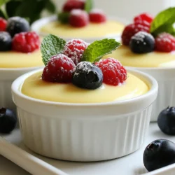 To make a rich and creamy vanilla bean panna cotta, gather these simple ingredients: - 2 cups heavy cream - 1 cup whole milk - 1/2 cup granulated sugar - 2 teaspoons vanilla bean paste (or the seeds from 1 vanilla bean) - 2 1/2 teaspoons gelatin powder - 3 tablespoons cold water - A pinch of salt - Fresh berries (such as strawberries, raspberries, or blueberries) and mint leaves for garnish Each ingredient plays a crucial role in creating the smooth texture and rich flavor of panna cotta. The heavy cream and whole milk give it that luscious creaminess. The sugar adds sweetness, while the vanilla bean paste infuses it with a lovely aroma. Gelatin is what helps the panna cotta set. It transforms the smooth mixture into a firm yet tender treat. Cold water activates the gelatin and helps it bloom before use. A pinch of salt balances the sweetness and enhances the flavor. Finally, fresh berries and mint leaves not only add color but also provide a refreshing taste contrast. You can mix and match your favorite fruits for a fun twist! {{ingredient_image_2}} - Heating the cream mixture: Start by mixing 2 cups of heavy cream, 1 cup of whole milk, 1/2 cup of granulated sugar, 2 teaspoons of vanilla bean paste, and a pinch of salt in a medium saucepan. Heat this over medium heat for about 5-7 minutes. Stir often until the sugar fully dissolves. The mixture should be hot, but do not let it boil. - Blooming the gelatin: While the cream heats, grab a small bowl. Sprinkle 2 1/2 teaspoons of gelatin powder over 3 tablespoons of cold water. Let it sit for 5 minutes. This allows the gelatin to absorb the water and become gel-like. - Combining ingredients: Once your cream is hot, take it off the heat. Stir in the bloomed gelatin. Mix well until the gelatin fully dissolves and the mixture is smooth. - Cooling and pouring: Let the mixture cool for about 10 minutes. Stir occasionally to stop a skin from forming. After it cools, carefully pour it into your serving cups or ramekins. - Time needed to set: Cover each cup or ramekin with plastic wrap. Place them in the fridge for at least 4 hours. This time lets the panna cotta set and become firm. - Covering the panna cotta: Make sure to cover each panna cotta well. This keeps it safe from any odors in the fridge. - Running a knife around the edge: When ready to serve, take a small knife. Gently run it around the inside edge of the panna cotta. This helps to loosen it from the cup. - Inverting onto a plate: If you want to flip it out, turn the panna cotta upside down onto a plate. With a little shake, it should come out smoothly. To finish, top it with fresh berries and a mint leaf for a lovely touch. Timing and temperature are key for panna cotta. Heat the cream mixture slowly. Remove it from heat just before it boils. This keeps the texture smooth and creamy. To avoid lumps, mix the gelatin well. Let it bloom first in cold water. This step helps it dissolve evenly in the warm cream. Use clear glass cups for a beautiful presentation. You can see the creamy layers, which looks lovely. Layering fruits, like berries, adds color and flavor. Place them at the bottom or mix them in. This makes each bite exciting. Overheating the mixture can ruin the panna cotta. Always keep an eye on the heat. Not allowing enough time to set is another mistake. Chill it for at least 4 hours. This makes sure it firms up and holds its shape. Pro Tips Use High-Quality Ingredients: The flavor of your panna cotta relies heavily on the quality of the cream and vanilla. Opt for organic heavy cream and pure vanilla bean paste for the best results. Don’t Skip the Blooming Process: Always allow the gelatin to bloom in cold water before adding it to the warm cream mixture. This step ensures a smooth and even texture in your panna cotta. Experiment with Flavors: While vanilla is classic, feel free to experiment by adding different flavors such as chocolate, coffee, or citrus zest to create your unique twist on panna cotta. Chill Properly: Make sure to refrigerate the panna cotta for at least 4 hours to achieve the perfect set. For best results, prepare it the night before serving. {{image_4}} You can change the flavor of panna cotta easily. Try using almond extract instead of vanilla for a nutty touch. Citrus extracts, like lemon or orange, add a bright zing. For a rich twist, mix in some coffee or melted chocolate. These flavors mix well with the cream base, making each bite unique. If you need dairy-free options, substitute heavy cream and milk with coconut milk or almond milk. These alternatives keep the panna cotta creamy and tasty. You can also use maple syrup or stevia instead of sugar for a healthier dessert. These swaps help you enjoy panna cotta while fitting your dietary needs. Get creative with how you serve panna cotta. Layer it with granola and fresh fruit in a glass for a parfait that looks stunning. You can also chop up the panna cotta and add it to a trifle or mix it into a fruit salad. This approach gives you a fun and different dessert experience. To keep your panna cotta fresh, store it in the fridge. Place it in an airtight container or cover each cup with plastic wrap. This keeps the panna cotta safe from odors and moisture. It will stay good for about three days in the fridge. If you want to freeze it, first ensure the panna cotta is fully set. Place it in a freezer-safe container. Panna cotta can be frozen for about one month. To thaw, move it to the fridge for several hours or overnight. Never refreeze thawed panna cotta. Panna cotta is best when fresh, but it can last. In the fridge, it stays fresh for about three days. After that, the texture and taste may change. If you freeze it, use it within one month for the best flavor. For optimal freshness, always check for any off smells or changes in texture before using. After storing, the panna cotta may lose some of its creamy texture. To revive it, gently stir it before serving. If it seems too firm, you can add a splash of cream or milk to soften it. When ready to serve, garnish with fresh berries and mint. This adds a burst of color and flavor. If you want to impress, serve in clear cups to show off the lovely layers. Enjoy your delicious panna cotta! Panna cotta is a classic Italian dessert. It means "cooked cream" in Italian. This dessert is smooth, creamy, and has a delicate flavor. It originated in the northern part of Italy. Traditionally, cooks would use simple ingredients like cream, sugar, and gelatin. Yes, you can make panna cotta ahead of time. It sets well in the fridge. I often prepare it the night before a meal. This way, it is ready when you need it. Just remember to cover it well. This keeps it fresh and prevents it from absorbing other flavors. Gelatin helps panna cotta set. However, if you want an alternative, you can use agar-agar. Agar-agar comes from seaweed and is a great vegetarian option. You may need to adjust the amount. Always check the package for specific instructions. You can tell panna cotta is set by its texture. It should feel firm to the touch but still jiggle slightly. The top should look smooth and glossy. If you press gently, it should hold its shape. You learned about panna cotta, from its simple ingredients to how to make it. We covered step-by-step instructions to achieve a smooth texture, along with tips to impress. Variations let you adapt flavors and dietary needs. Remember to store leftovers properly for the best taste. Panna cotta is versatile and easy to make, perfect for any dessert lover. Enjoy experimenting with flavors and serving styles, and share this delightful treat with others!
